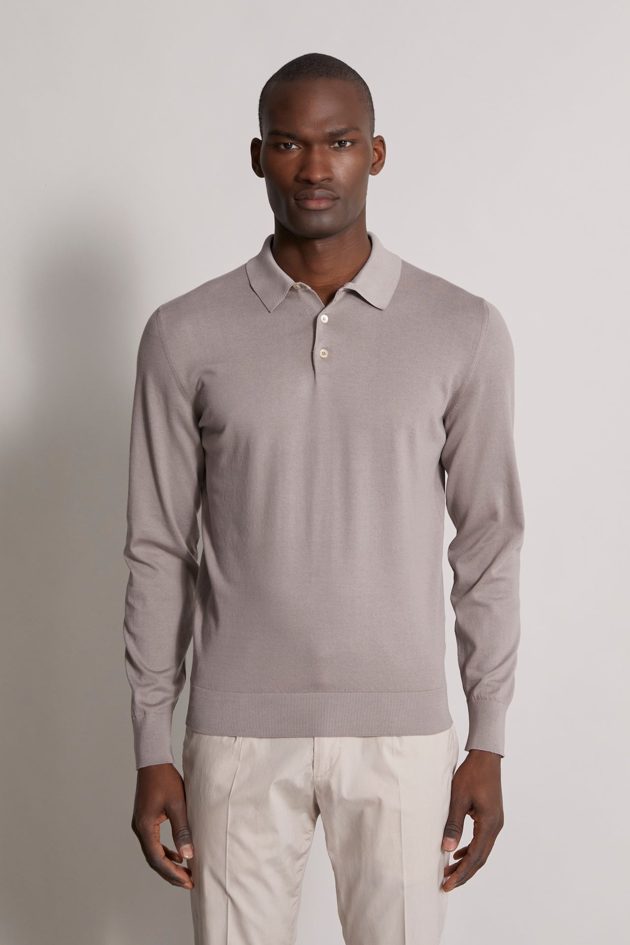 knitted organic cotton polo shirt light grey- front view