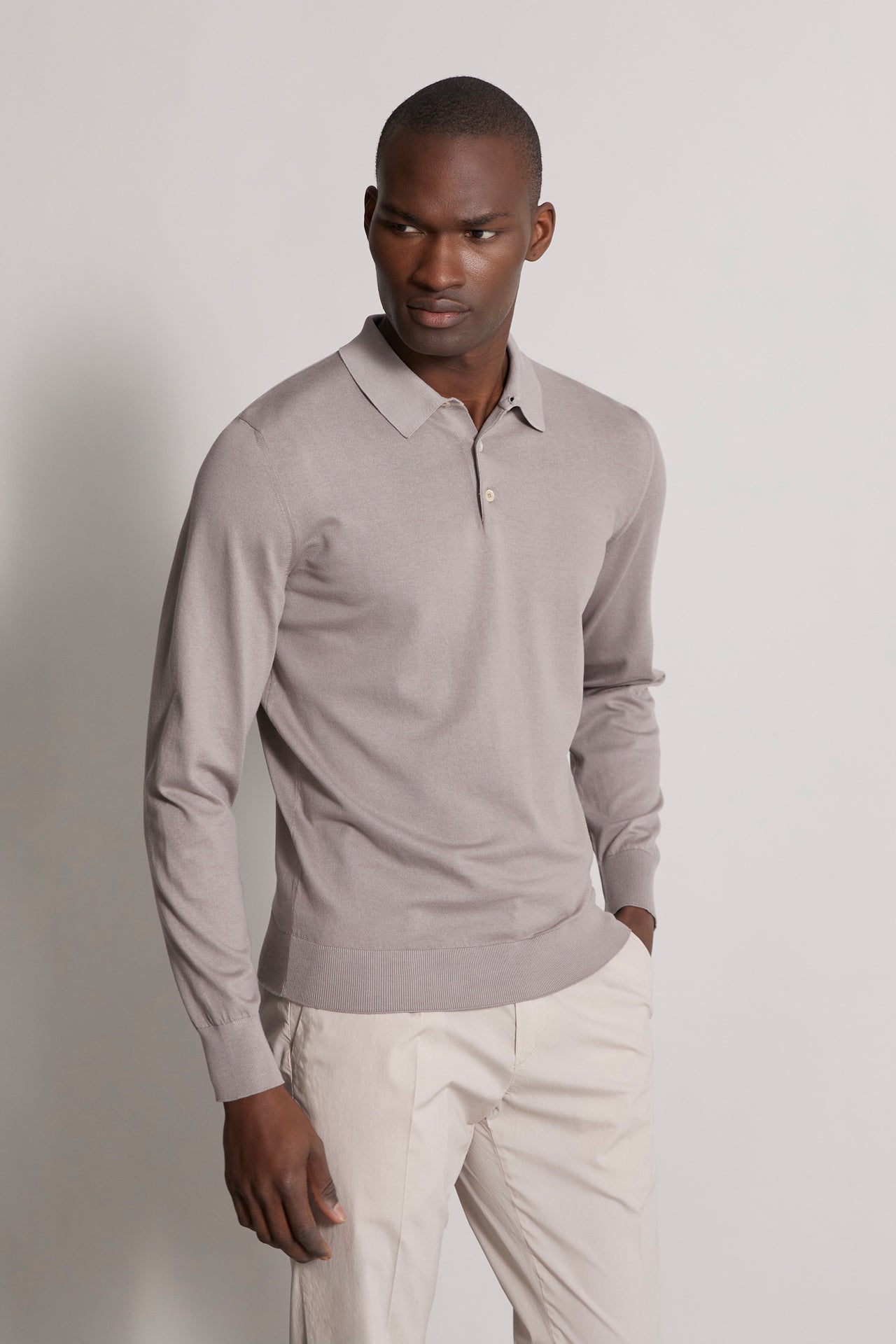 knitted organic cotton polo shirt light grey- side view