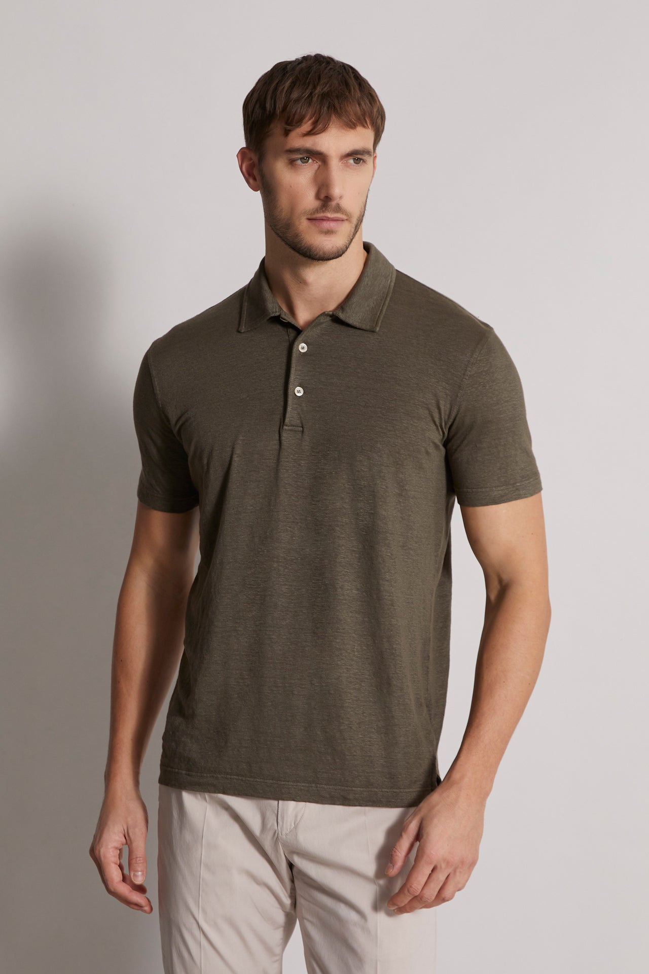 linen polo t-shirt in olive green - front view