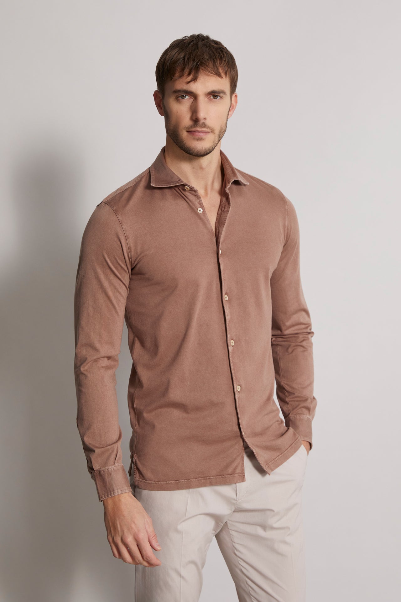 Organic Cotton Shirt - Long Sleeve - Brown - Front View
