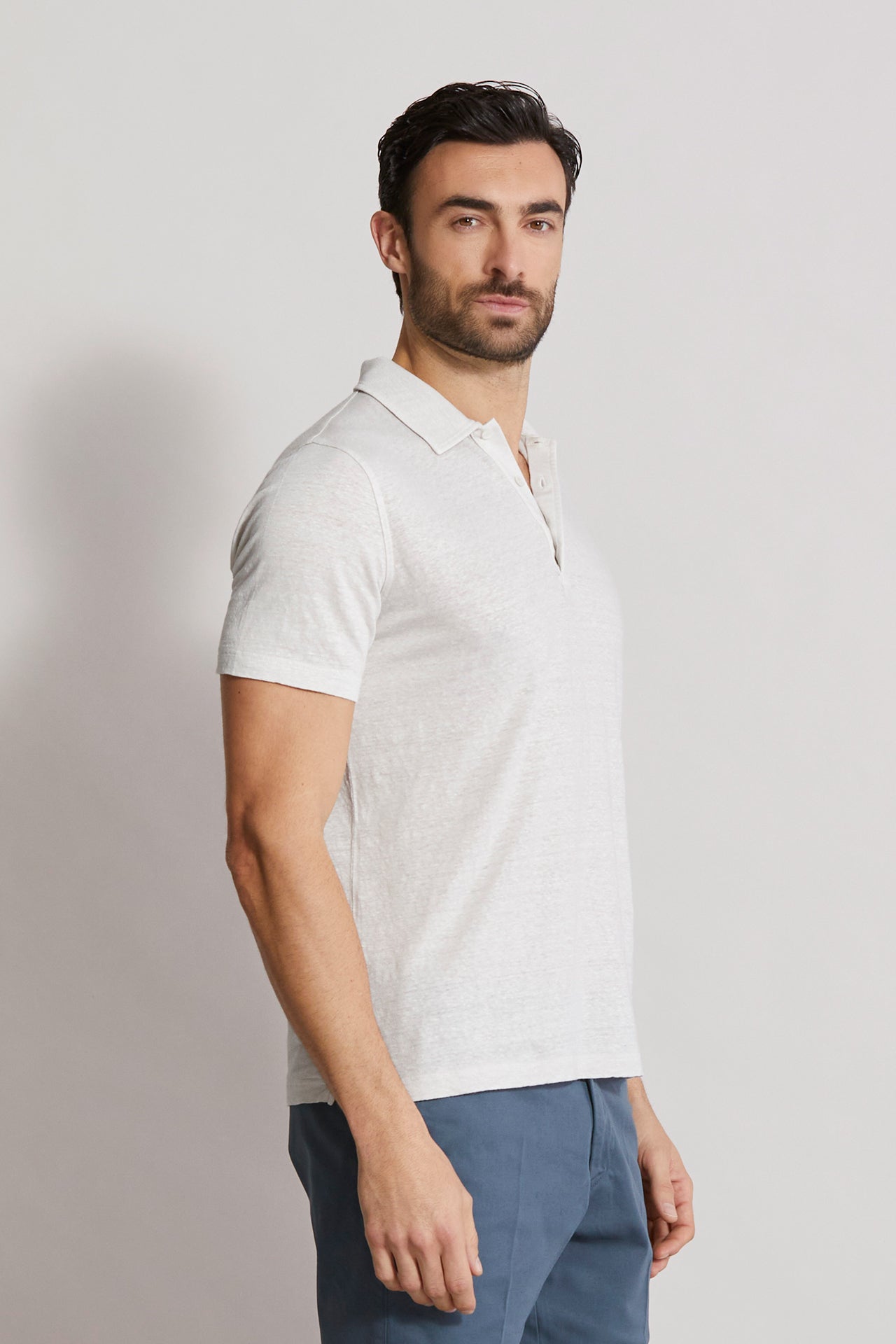 linen polo t-shirt in white - side view
