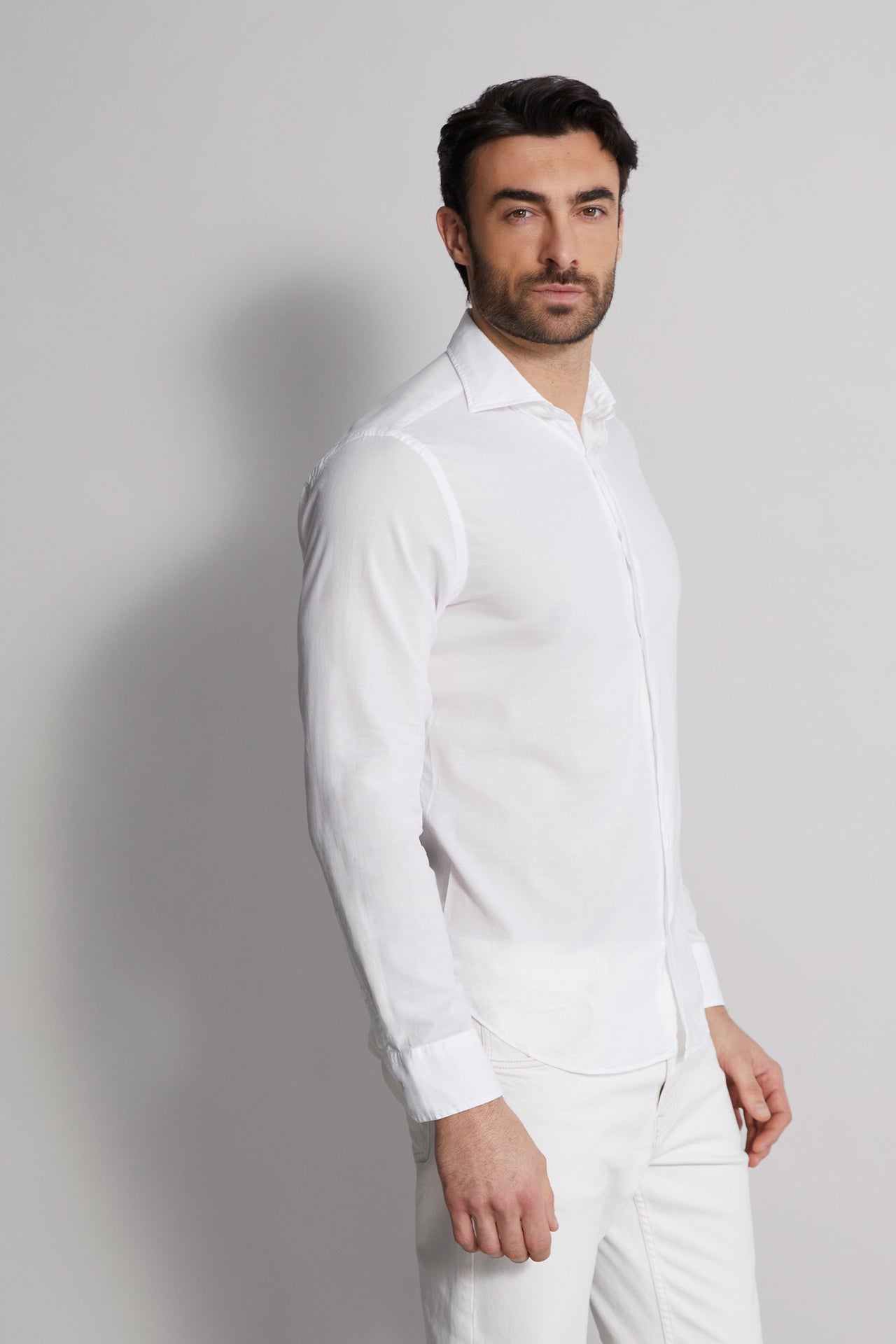 men's white designer voile shirt - side view