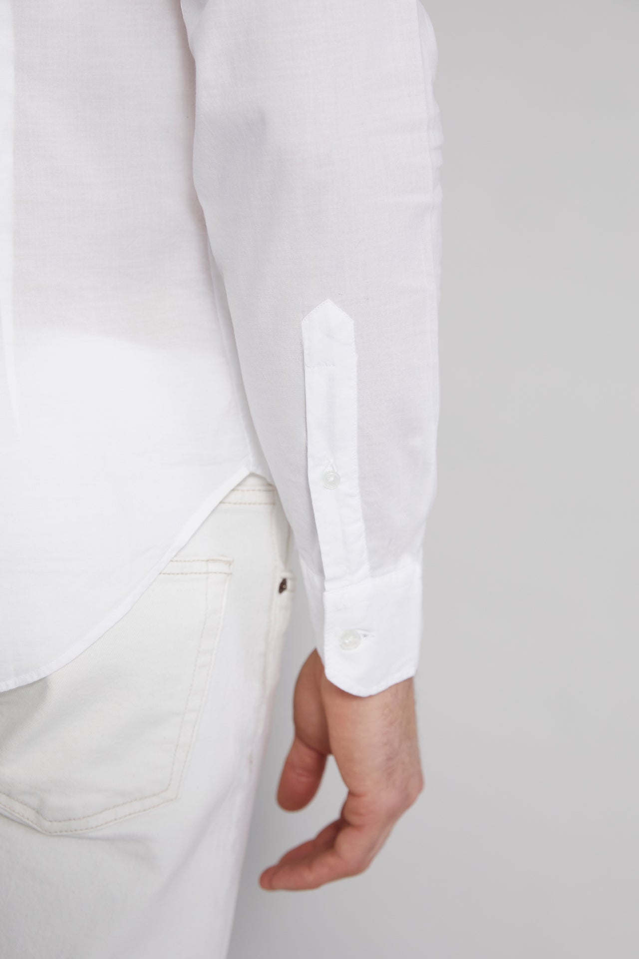 detail of men's white designer voile shirt 