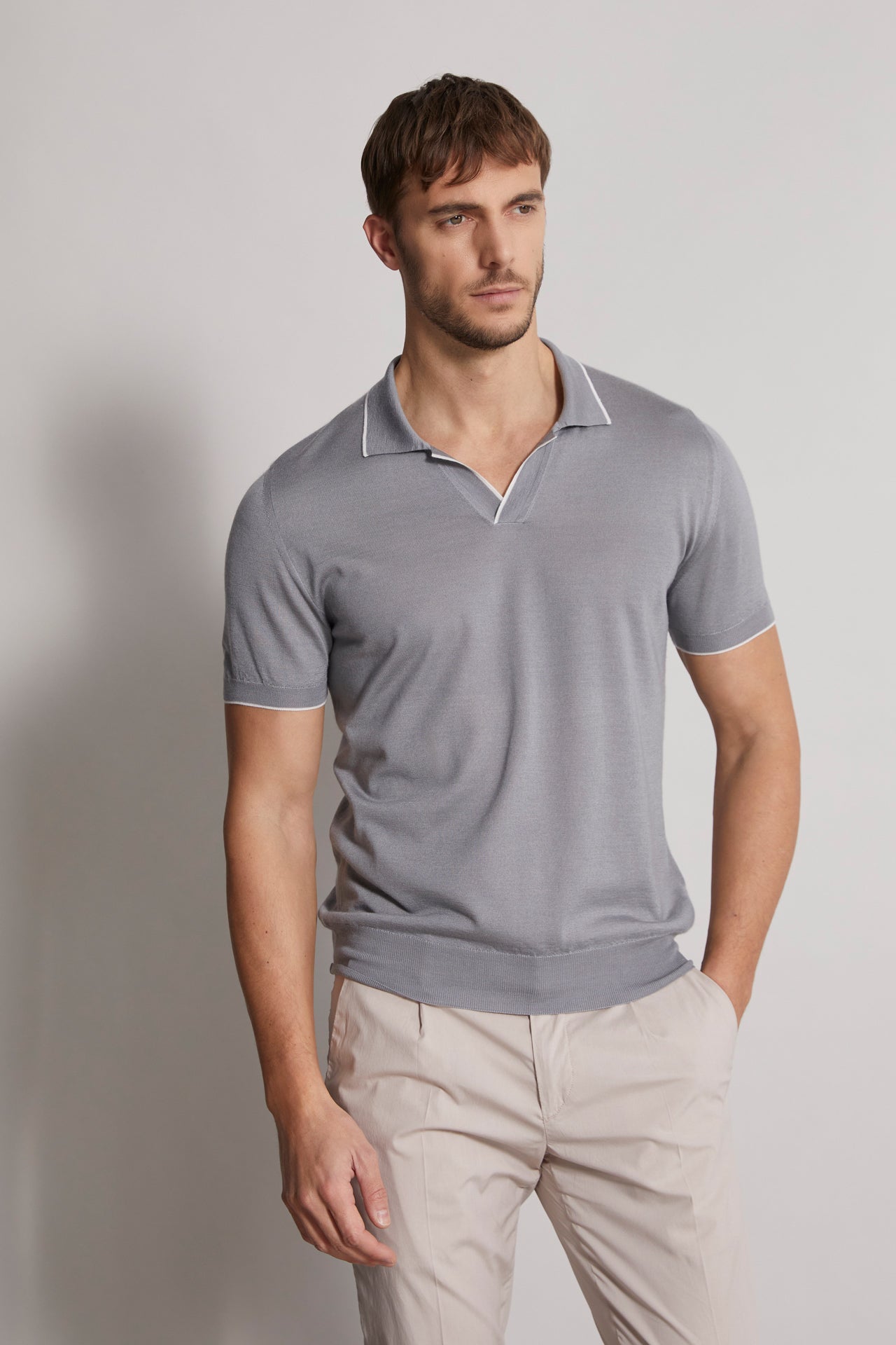 men's buttonless polo v-neck in light grey - side view