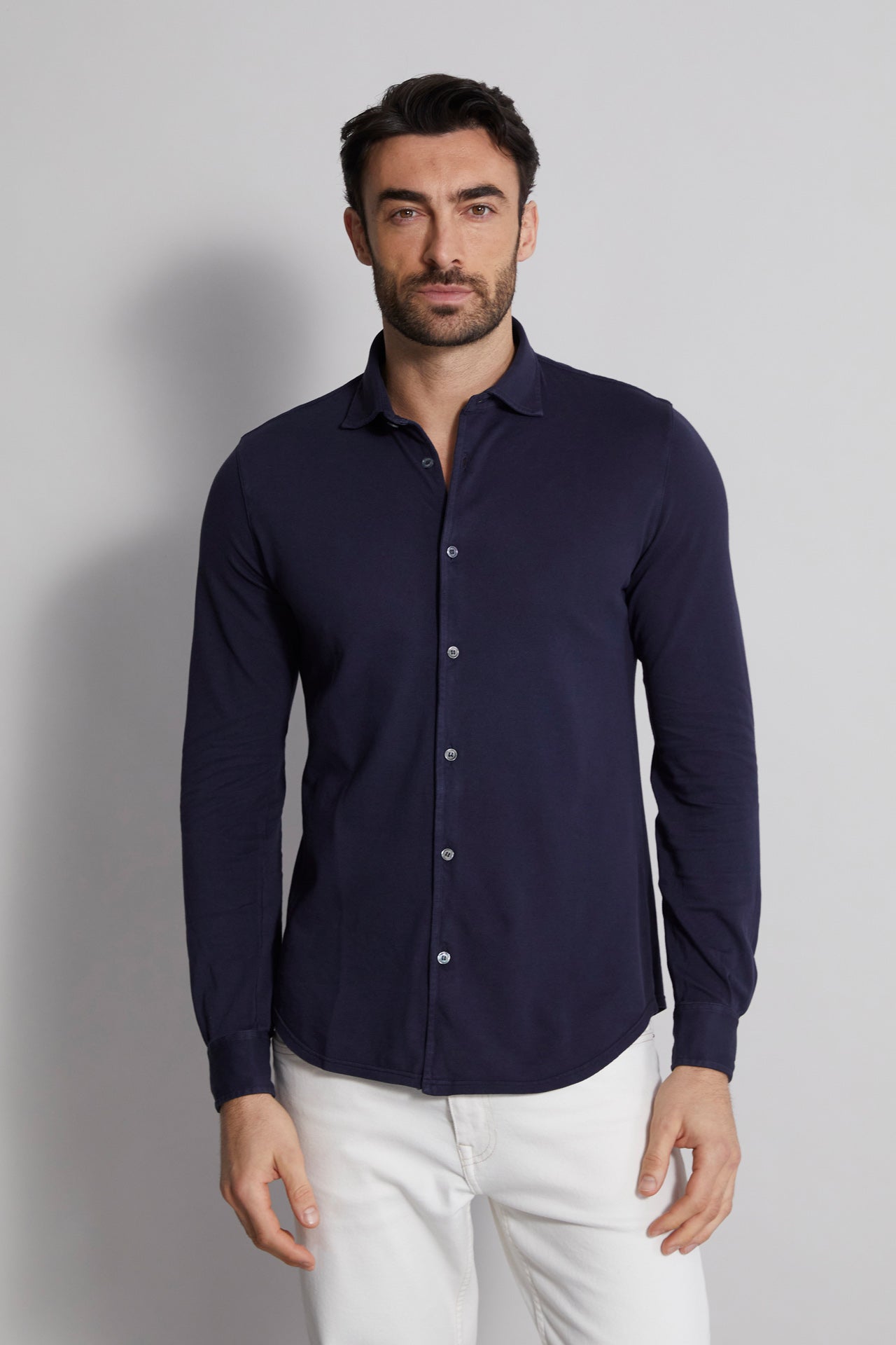 men's designer blue shirt in organic cotton - front view 