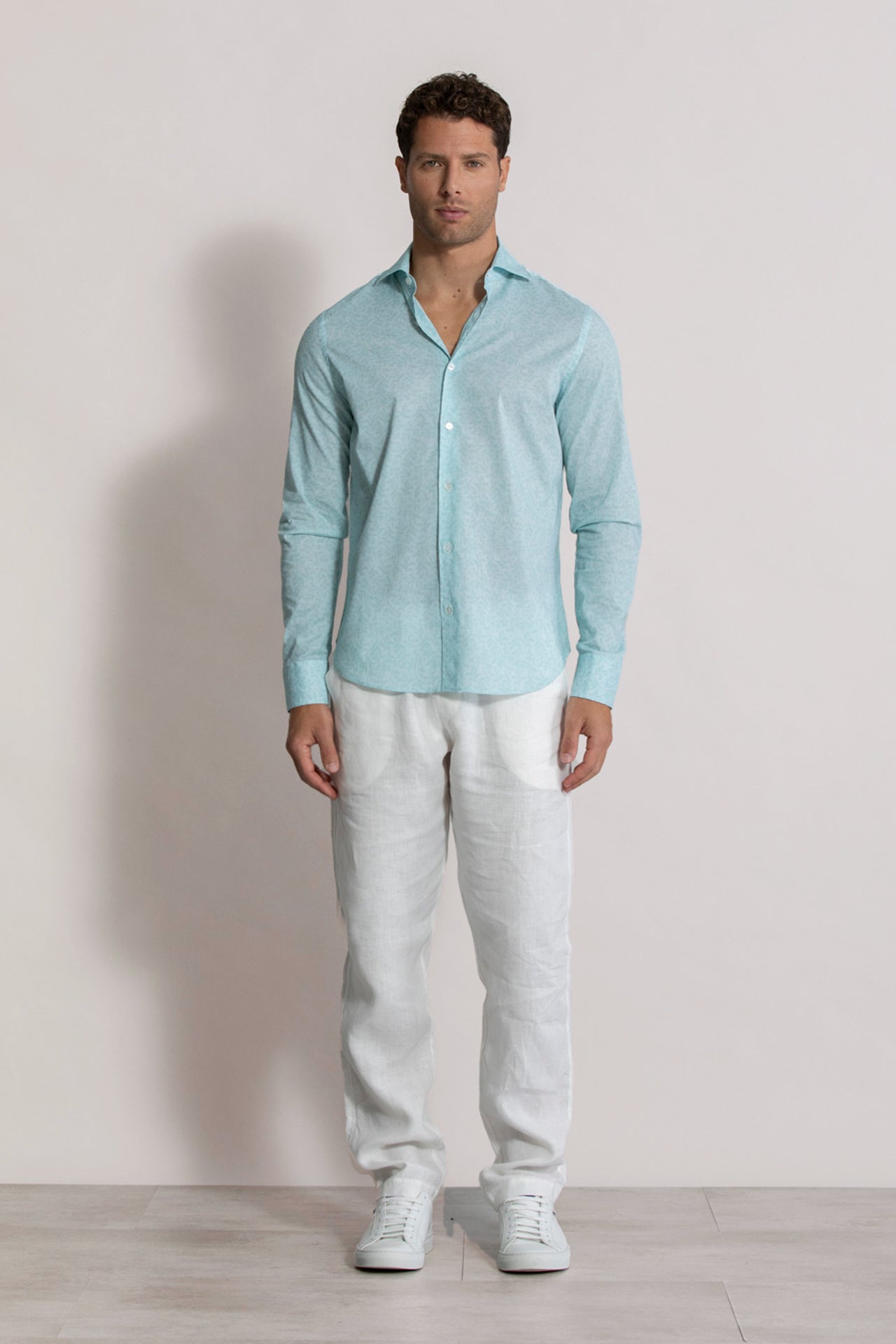 Sean stretch cotton voile printed shirt - feuille pattern
