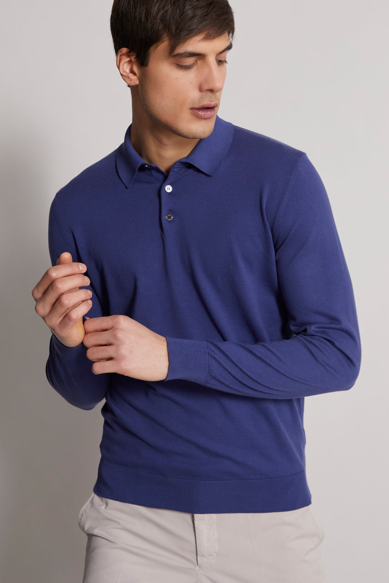 knitted organic cotton polo shirt blue - side view