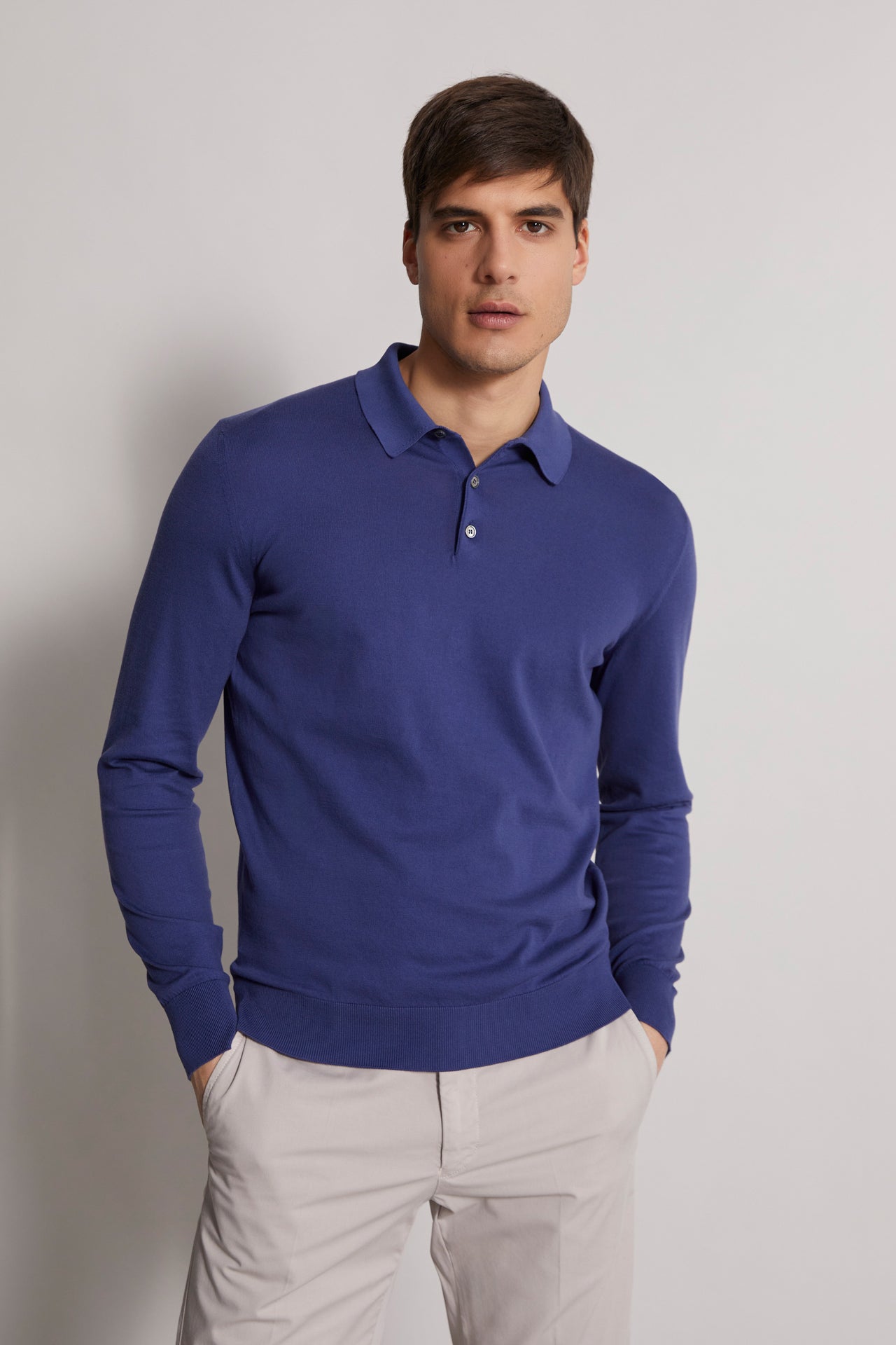 knitted organic cotton polo shirt blue - front view