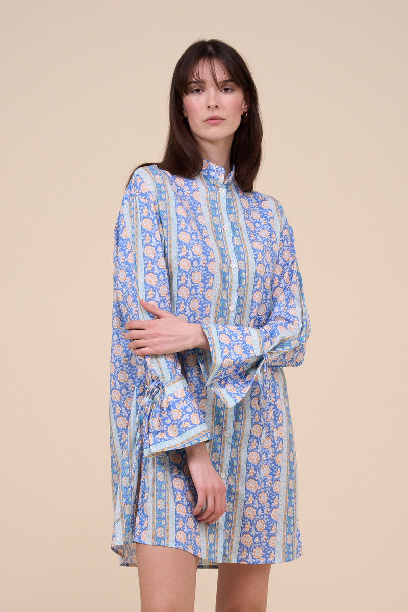 Ade Printed Cotton Voile Long Shirt - Flowers and Striped
