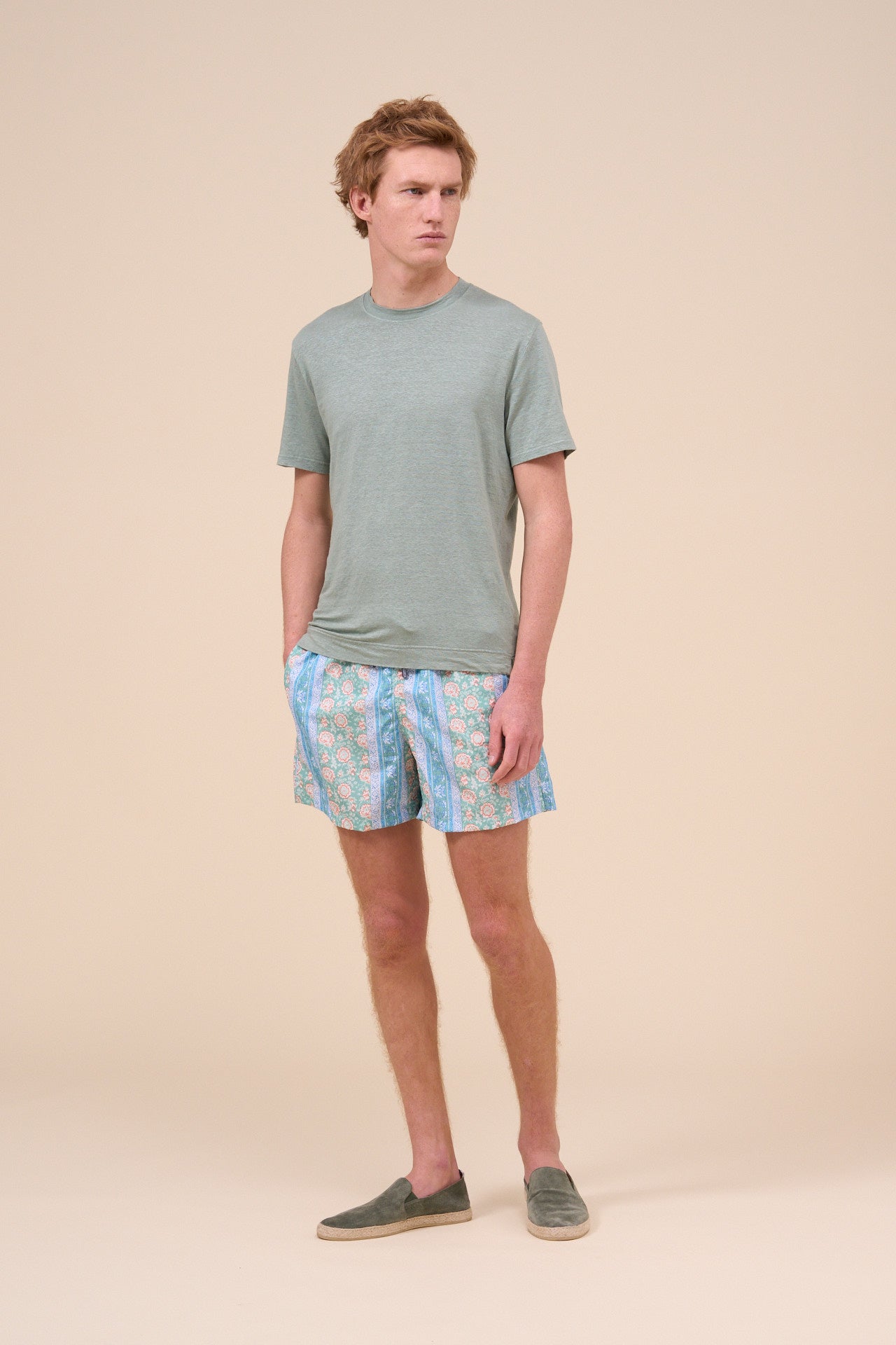 Madeira - The Sustainable Swim Trunk - Flowers And Stripes Pattern - GREEN