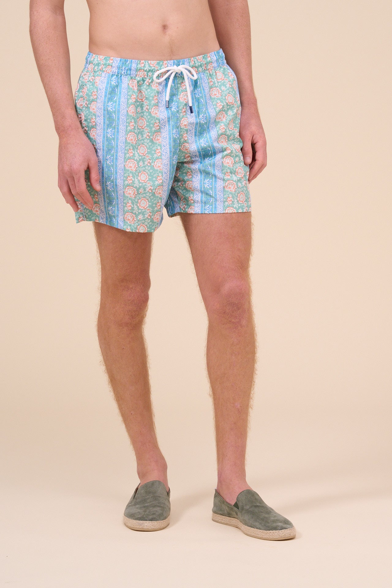 Madeira - The Sustainable Swim Trunk - Flowers And Stripes Pattern - GREEN