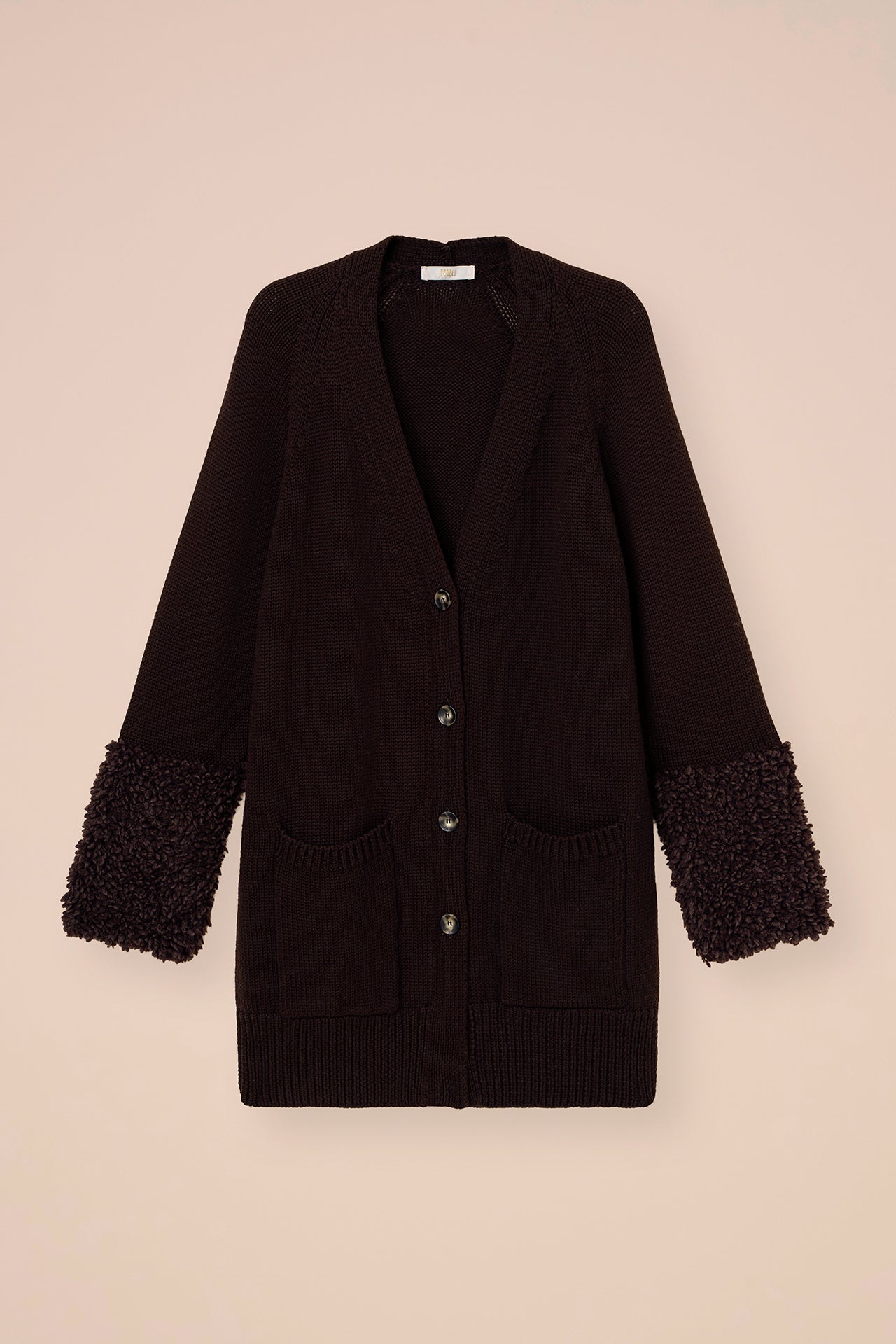 Adularia cardigan in lana Merino Hairy con polsini in alpaca - DARKCHOCOLATE