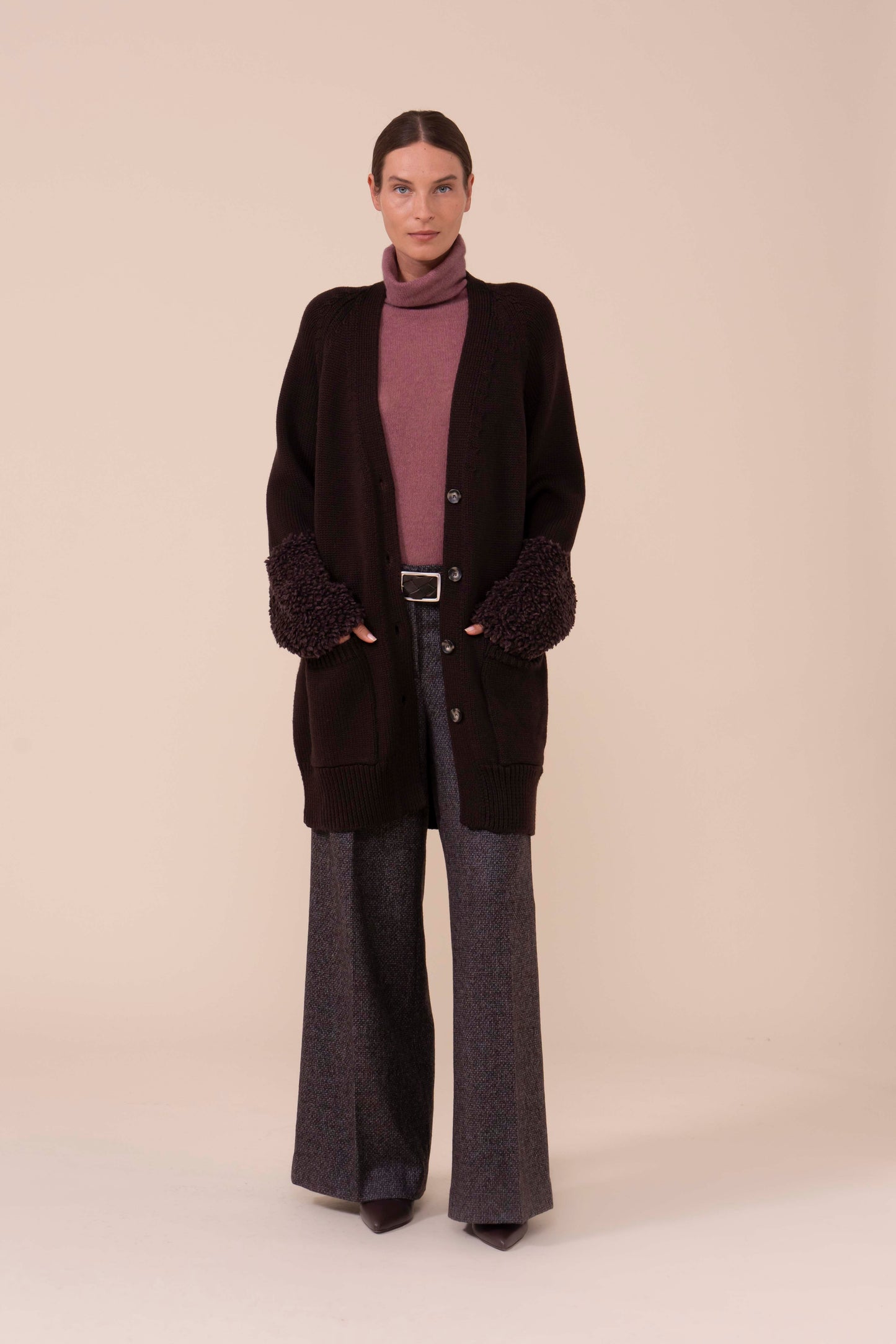 Adularia Hairy Merino Wool Buttoned Cardigan - DARKCHOCOLATE