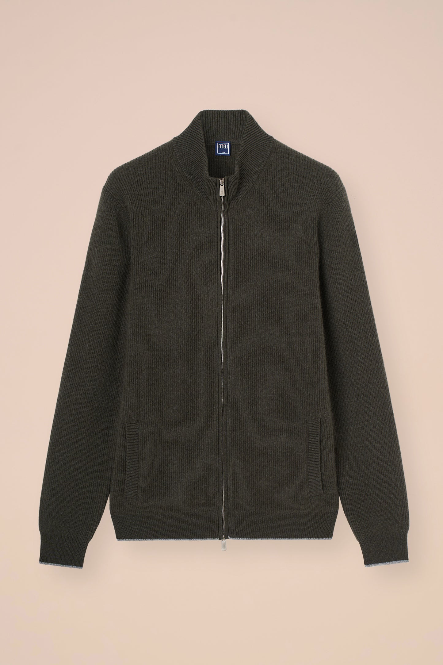 One maglia full zip in cashmere - bicolor - DARKOLIVEGREEN