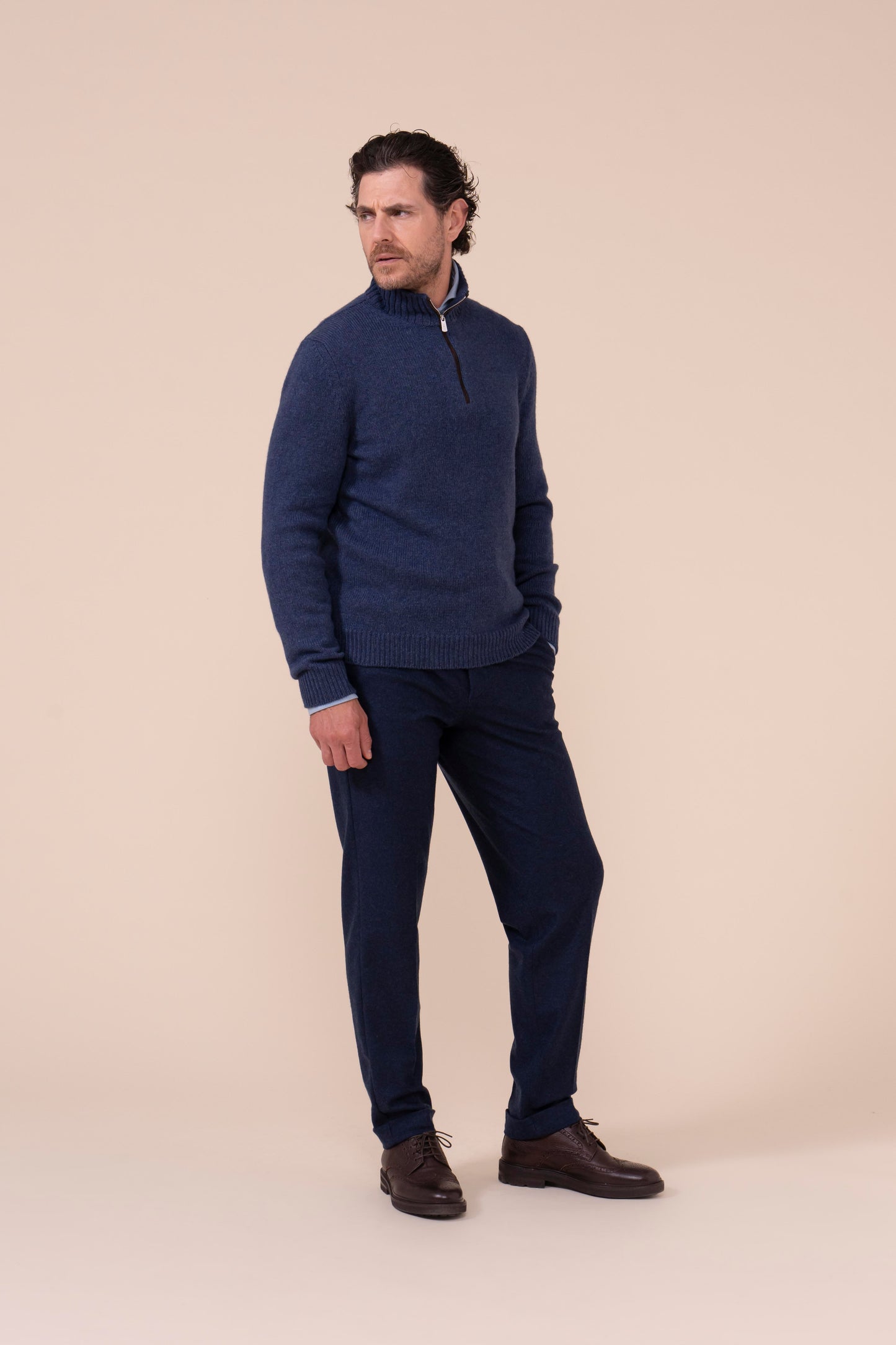 Eco twist maglia a mezza zip in cashmere con dettagli in suede - DENIM
