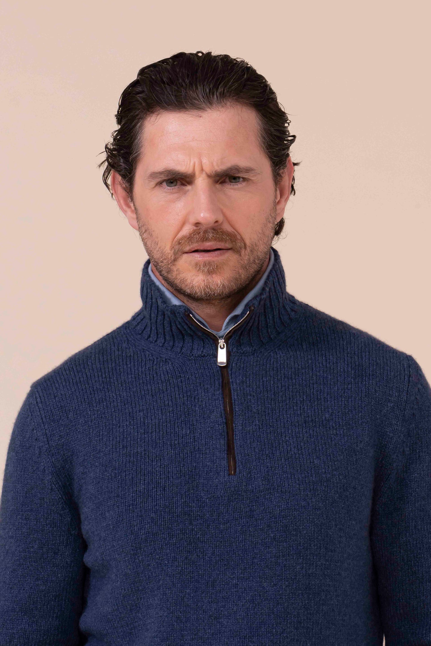 Eco twist maglia a mezza zip in cashmere con dettagli in suede - DENIM