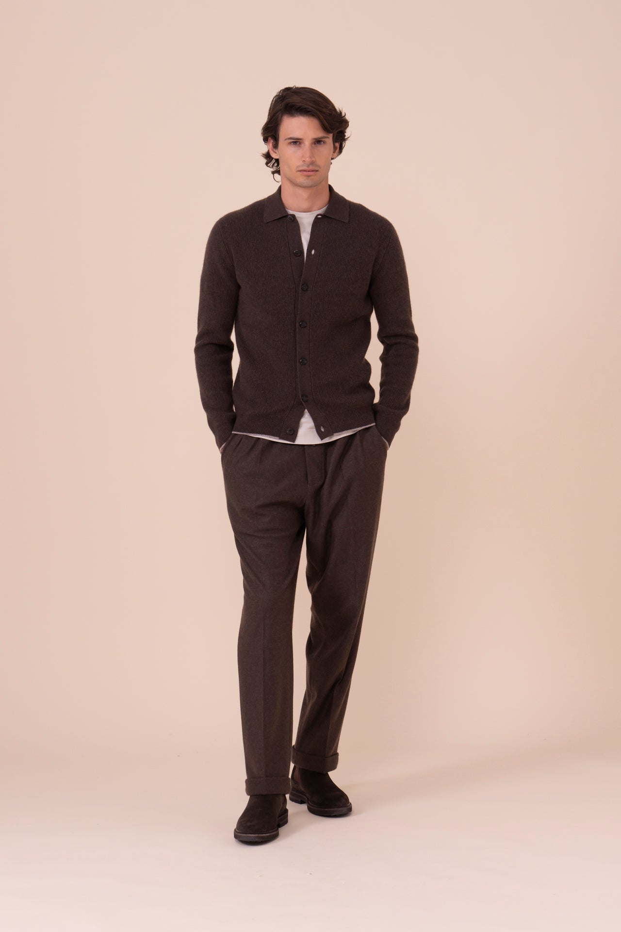 One Cashmere Knit Shirt - Bicolor - COFFEE