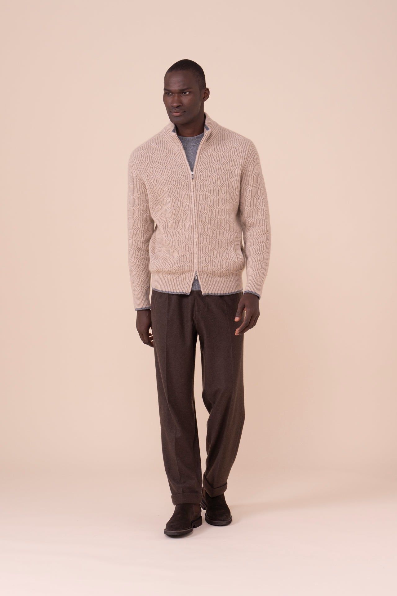 Zago Cashmere Full-zip Sweater - Bicolor - ALMOND