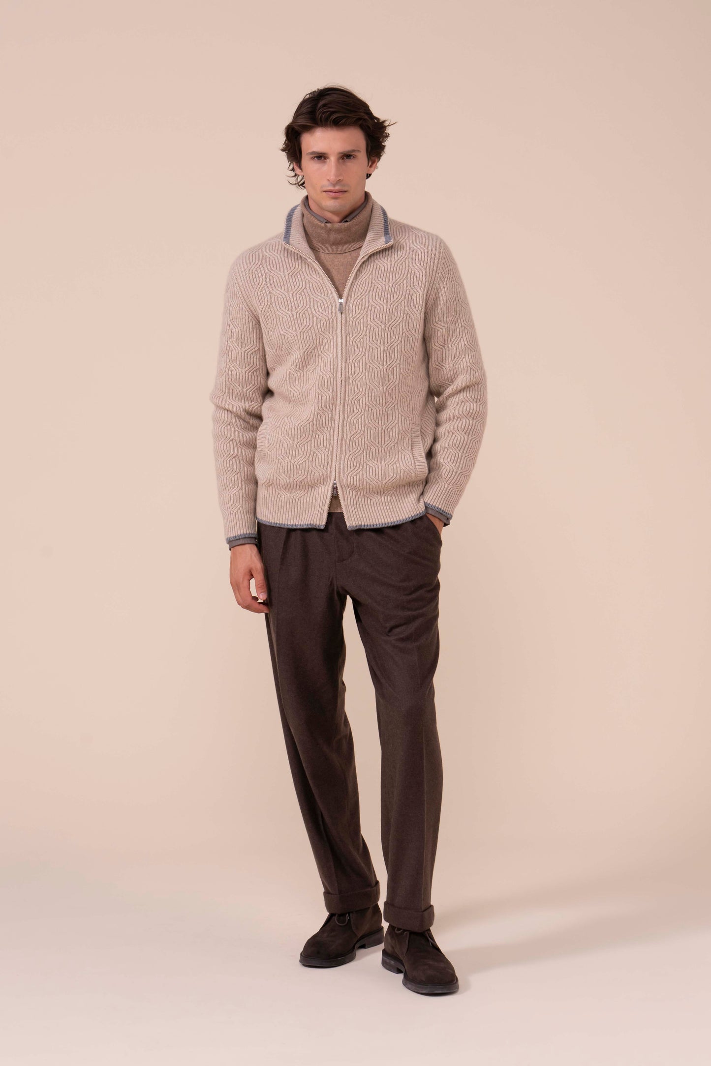 Zago Cashmere Full-zip Sweater - Bicolor - ALMOND
