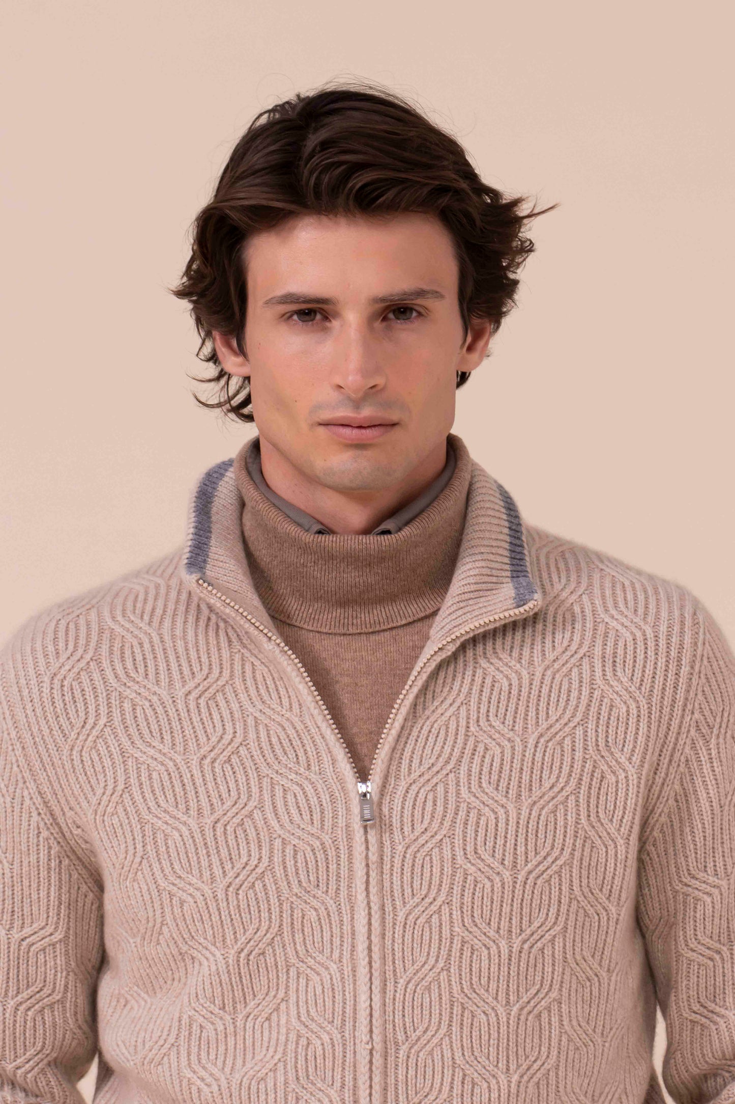 Zago Cashmere Full-zip Sweater - Bicolor - ALMOND