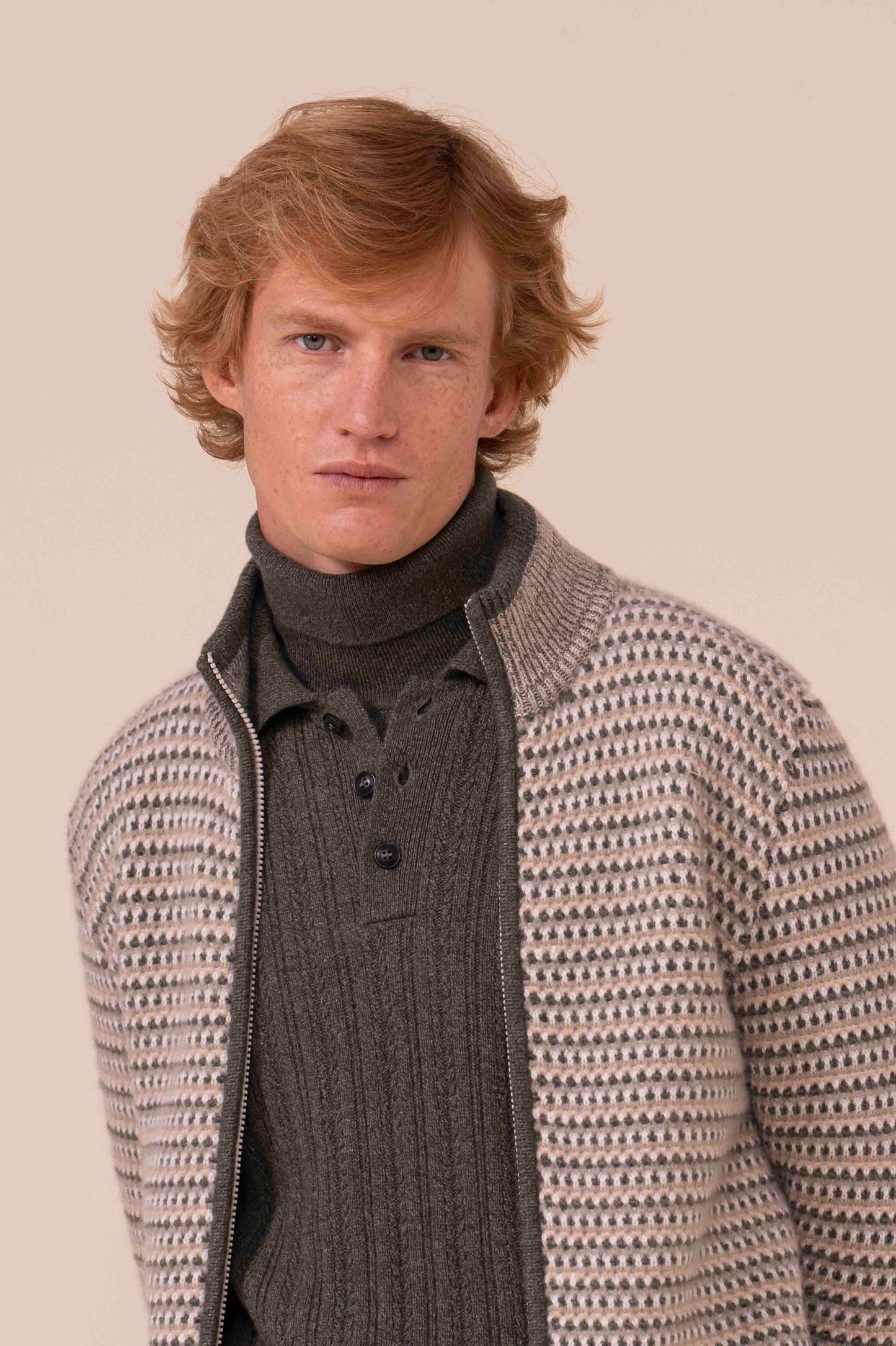 Perth Open Cashmere Jacquard Full-zip Sweater - ALMOND