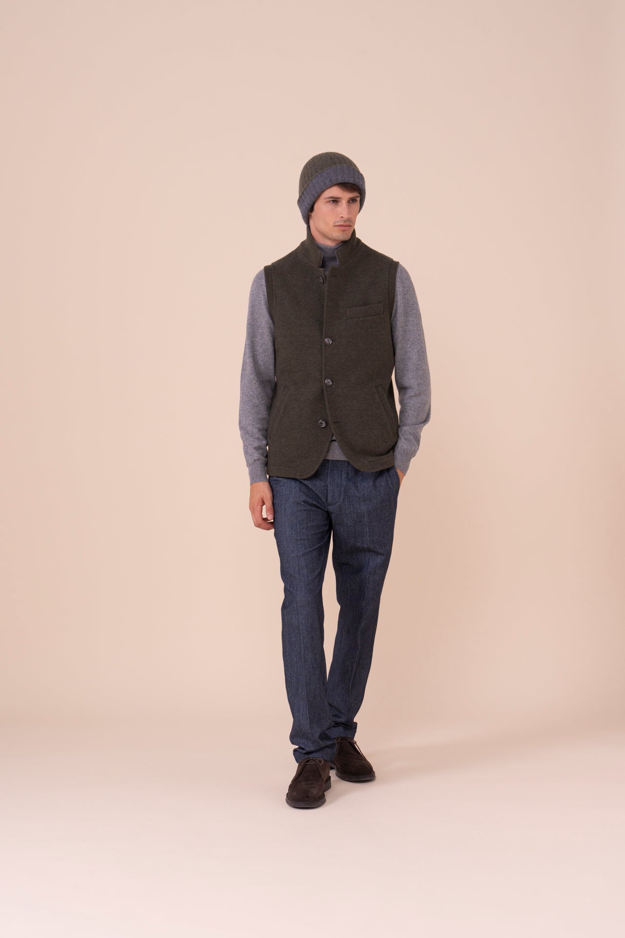 Double Cashmere Beanie - Bicolor - OLIVEGREENMELANGE