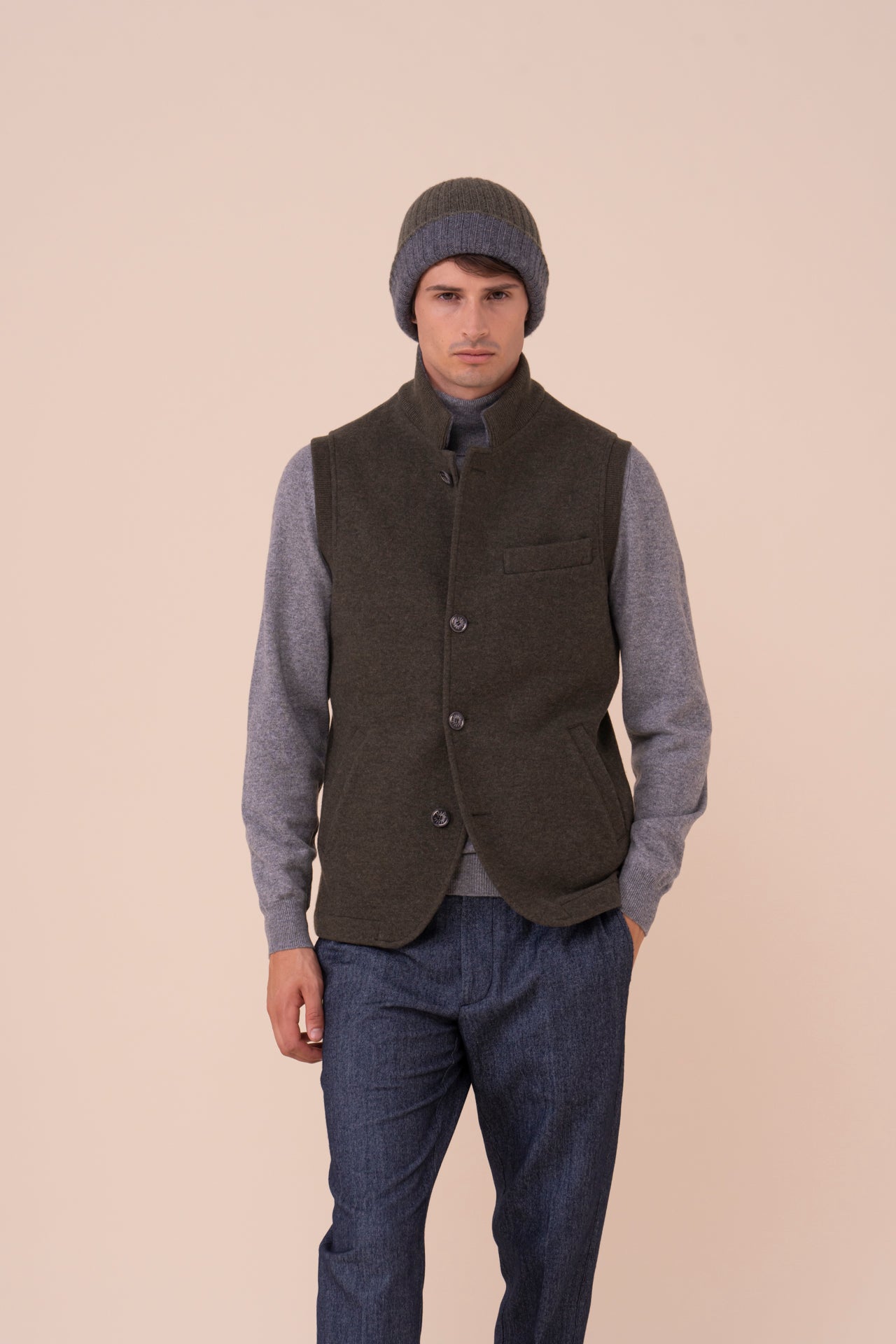 Double Cashmere Beanie - Bicolor - OLIVEGREENMELANGE