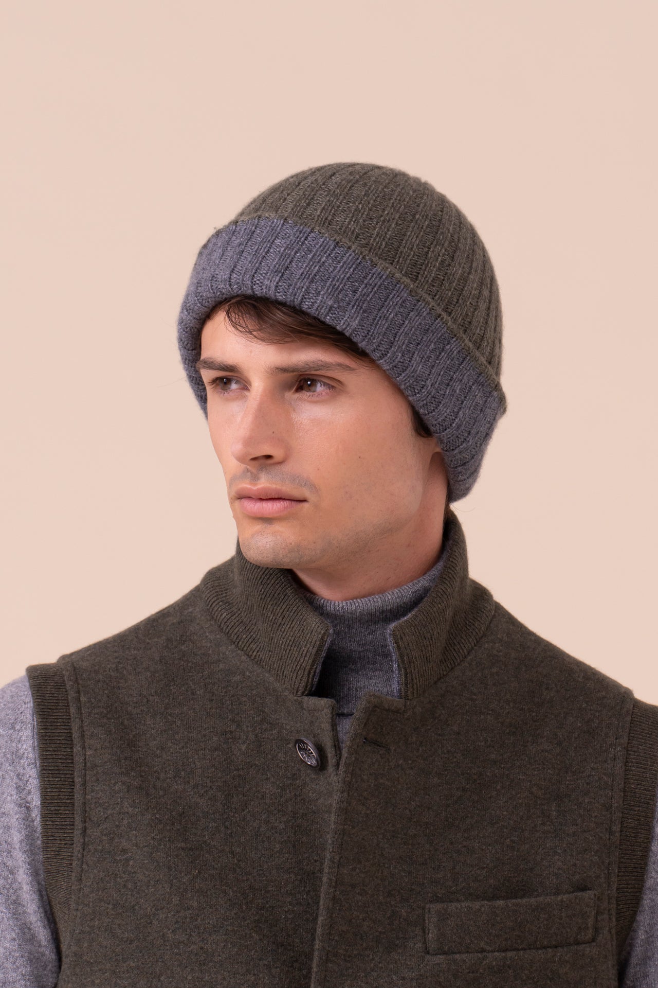 Double Cashmere Beanie - Bicolor - OLIVEGREENMELANGE