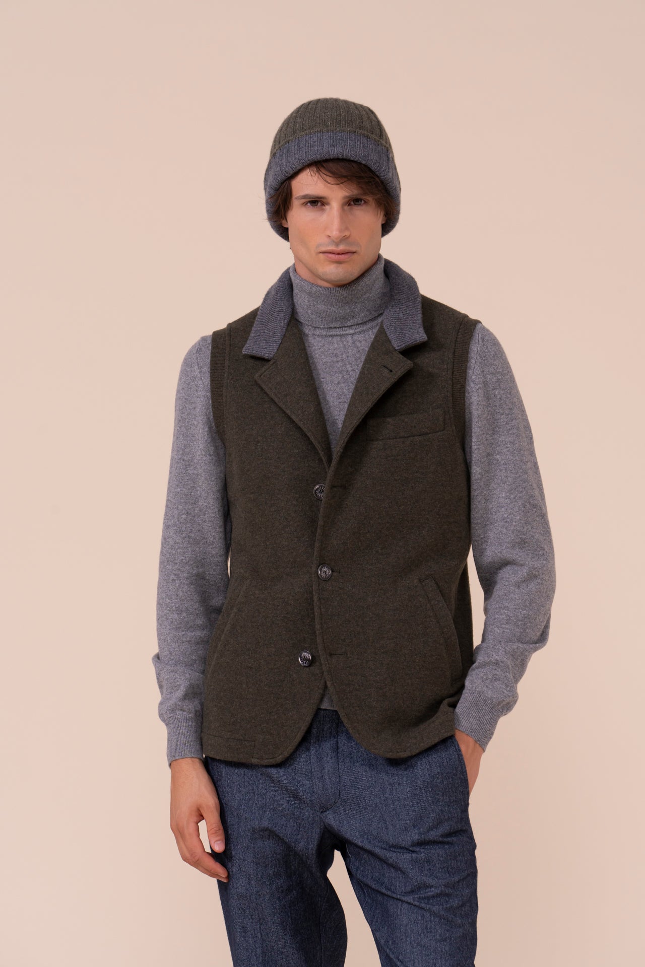 Double Cashmere Beanie - Bicolor - OLIVEGREENMELANGE
