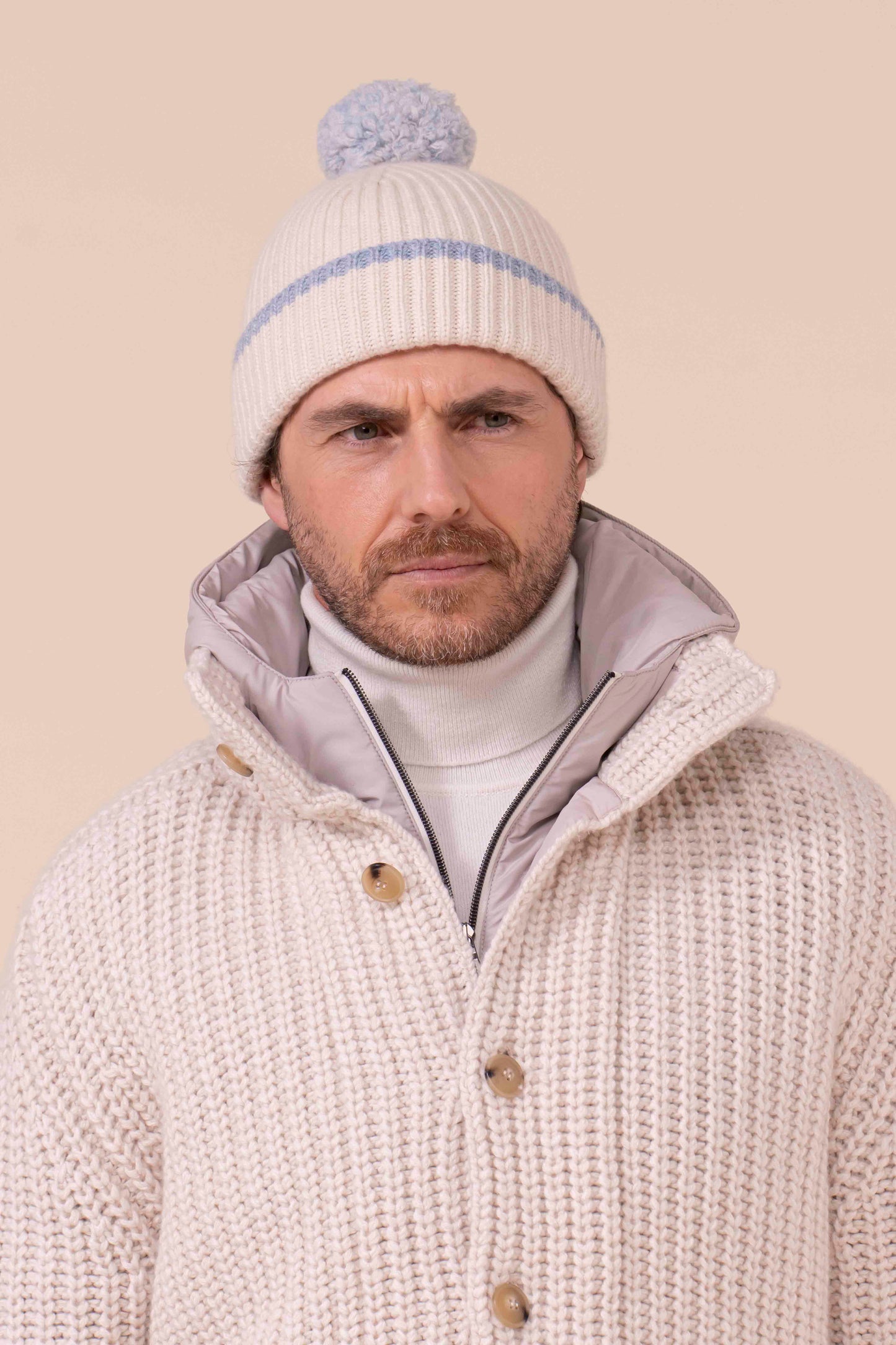 Alfredo Cashmere Beanie with Pom Pom - CREAM