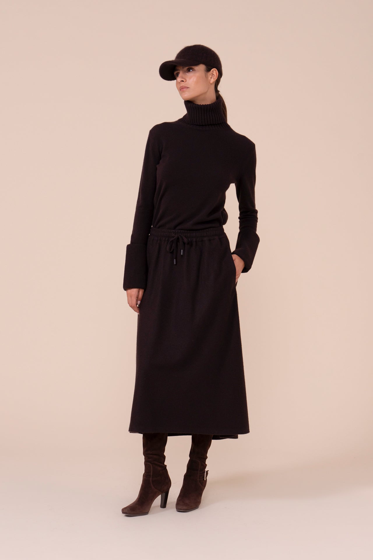 Amelie Cashmere Flanel Midi Skirt - DARKCHOCOLATE