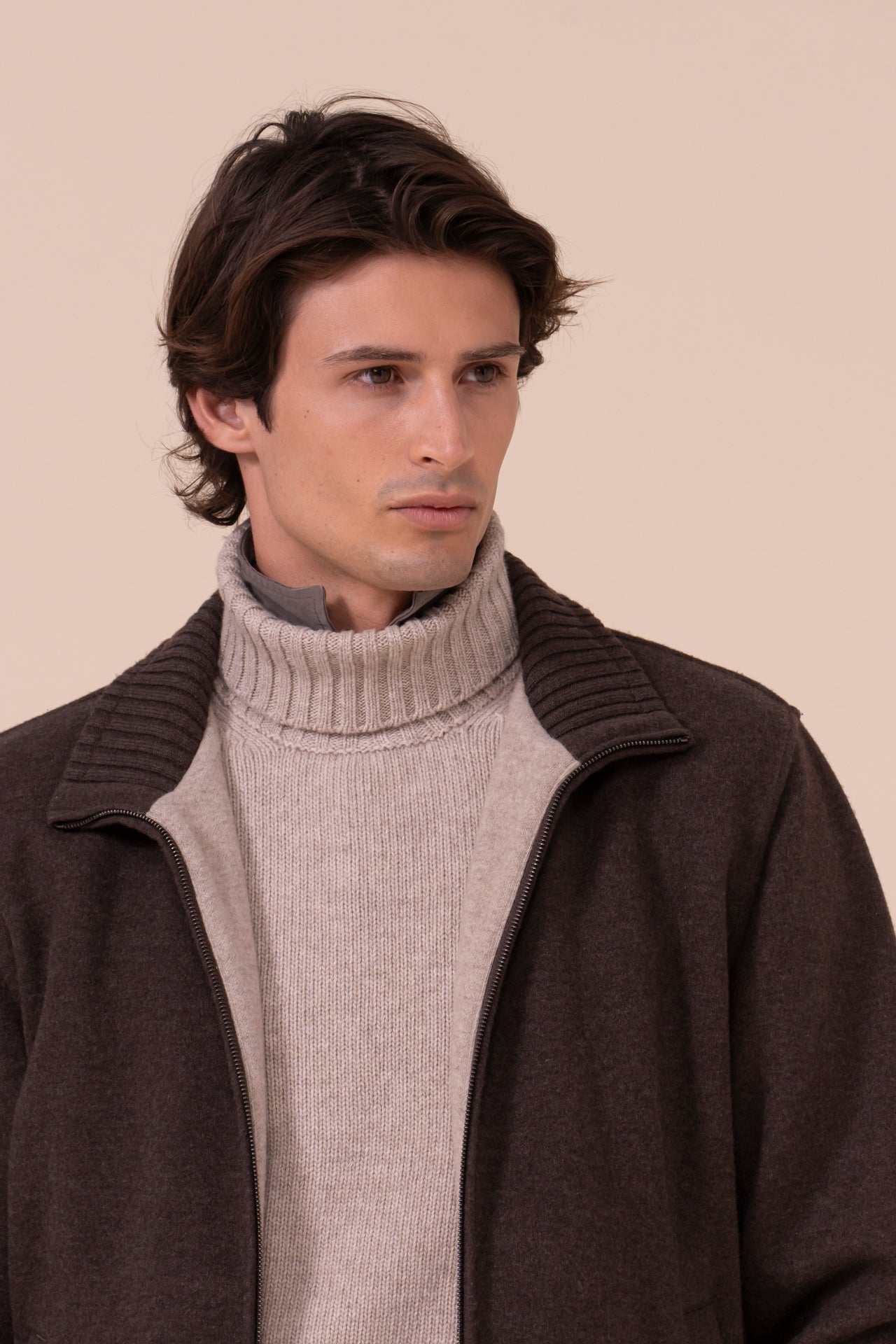 Lugano giacca in cashmere flanel con zip - COFFEE