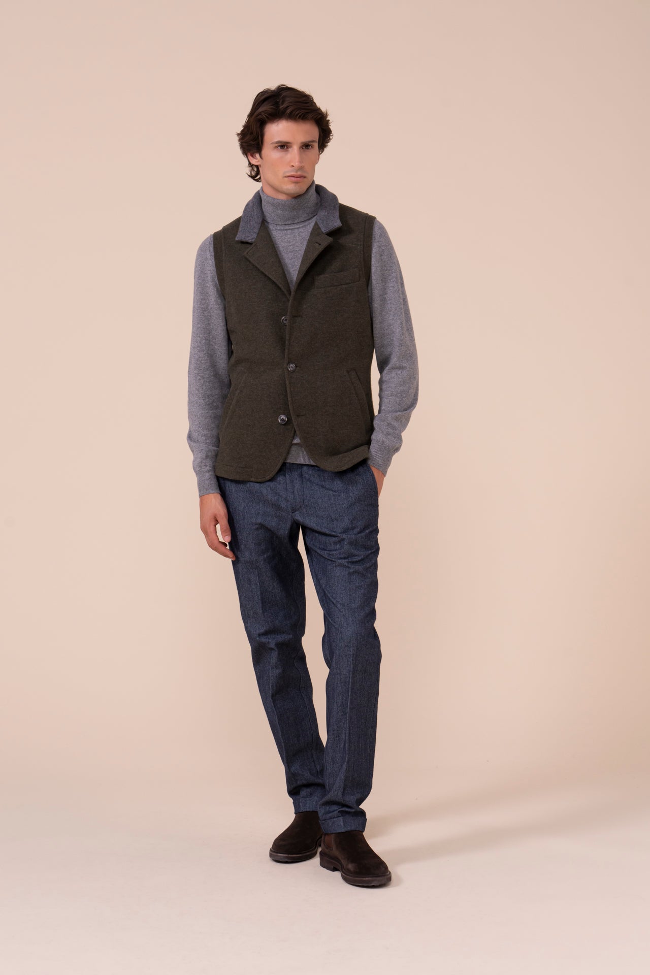 Damon Cashmere Flanel Double Vest - DARKGREEN