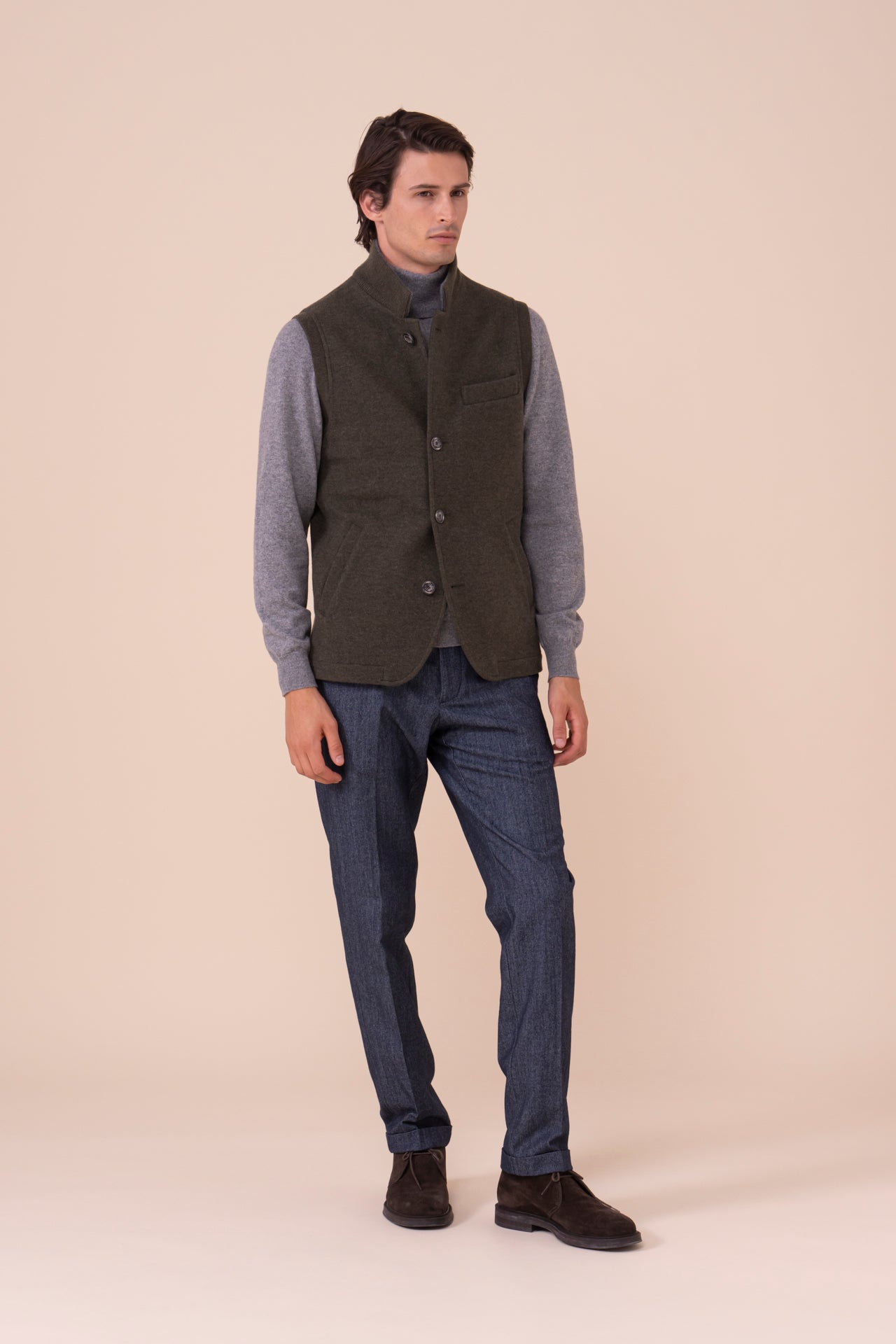 Damon gilet in cashmere flanel double - DARKGREEN