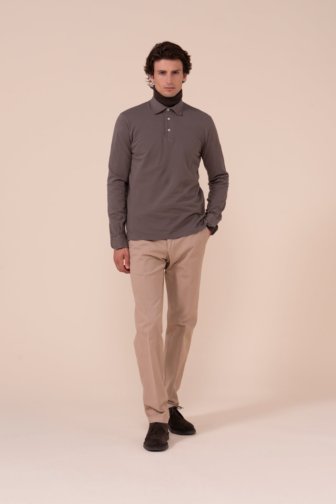 North Piquet Cotton Long Sleeve Polo - DARKGREIGE