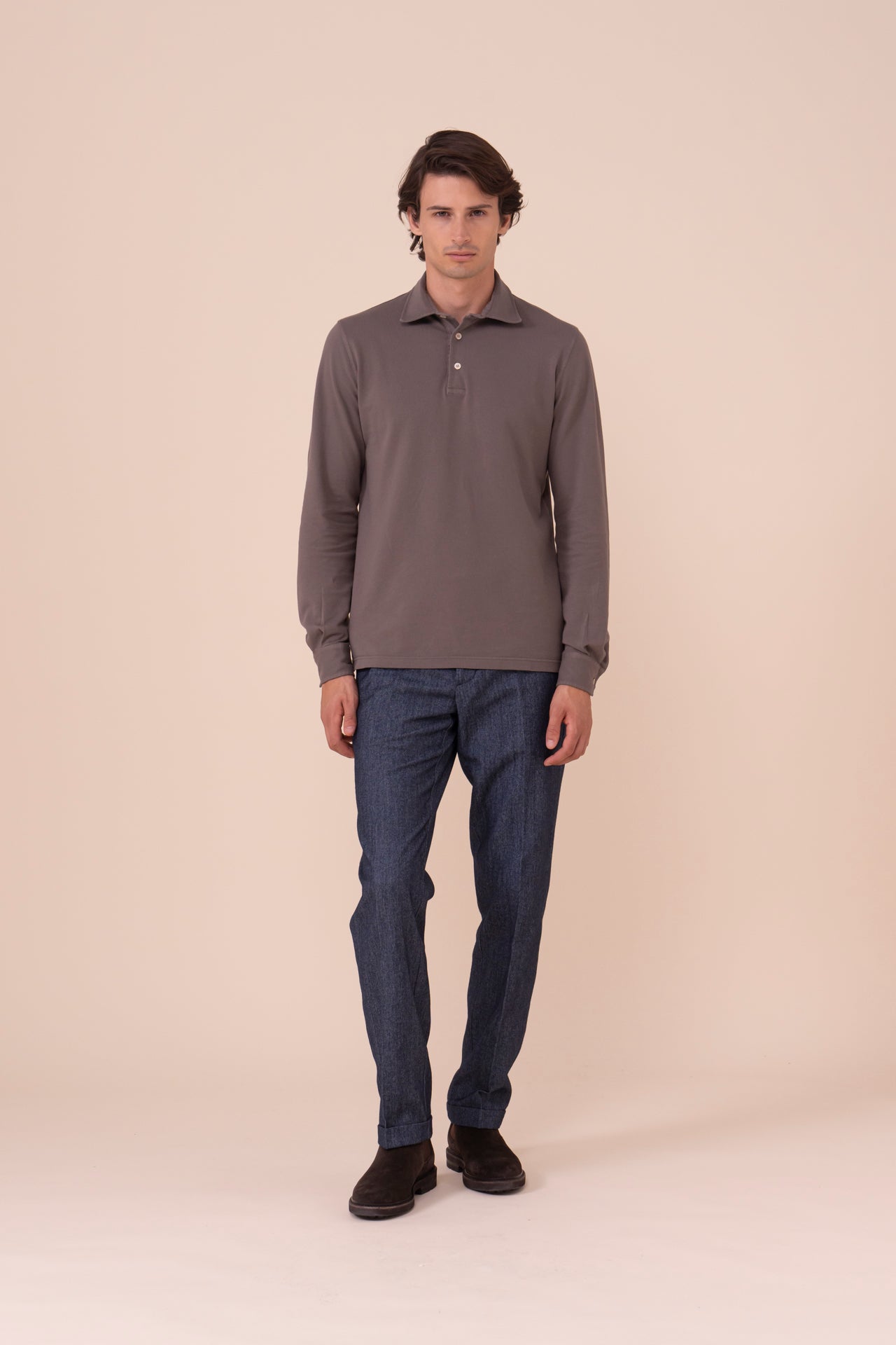 North Piquet Cotton Long Sleeve Polo - DARKGREIGE