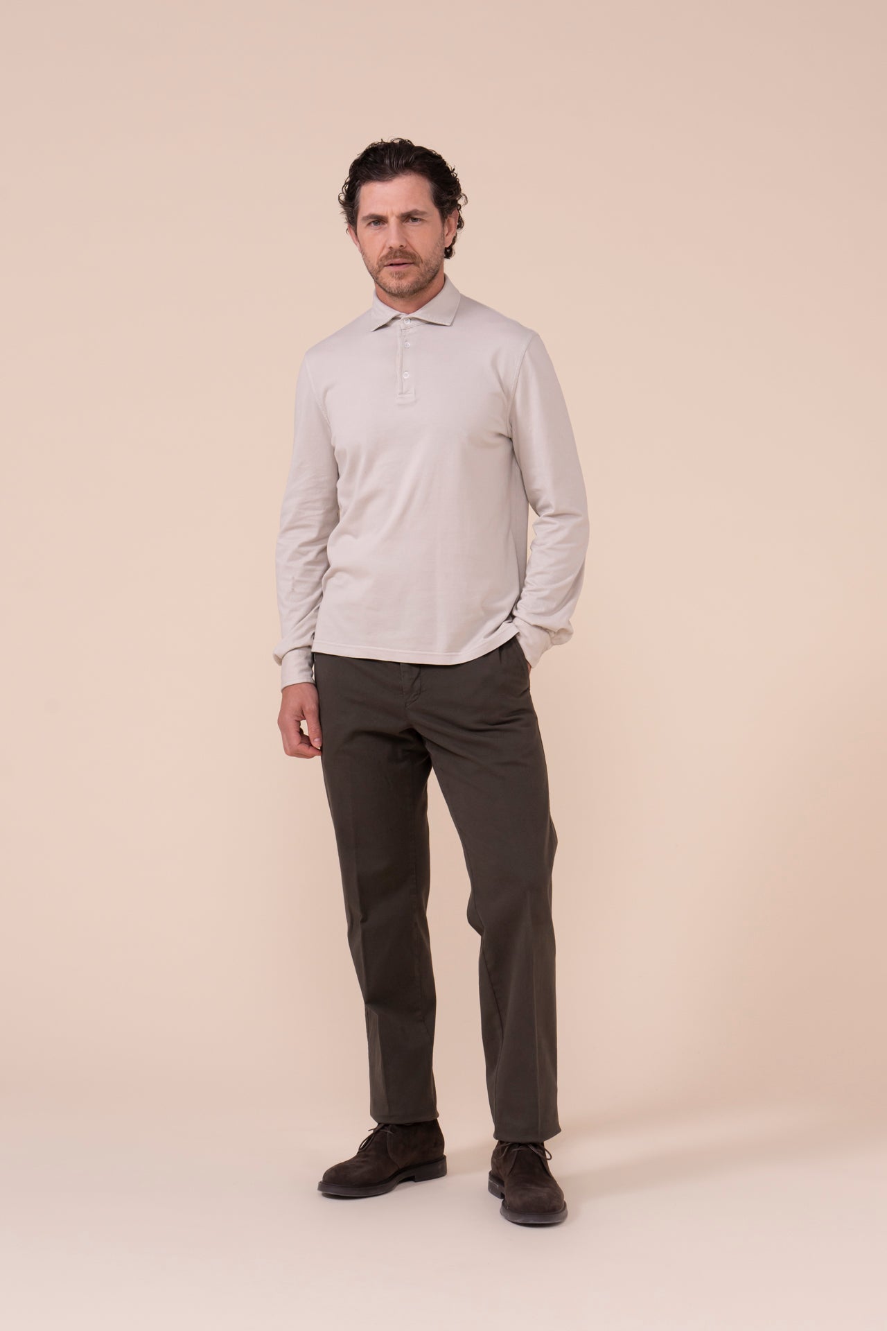 Zero Organic Cotton Long Sleeve Polo - WHITESMOKE