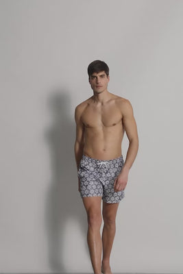 Sustainable Designer Swim Trunks - Grey Blume Pattern