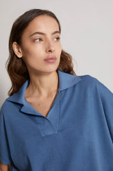 women's short sleeves buttonless knitted cotton polo in blue - v-neck detail