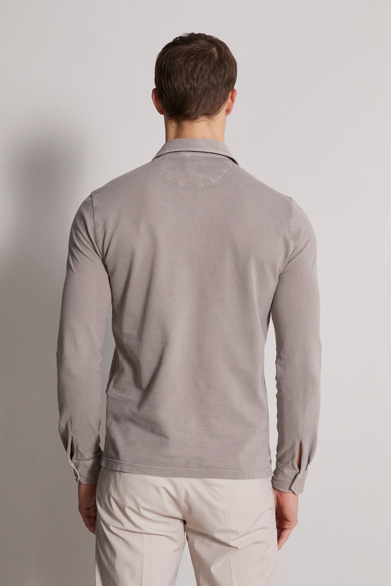 long sleeved cotton polo in grey-beige - back view