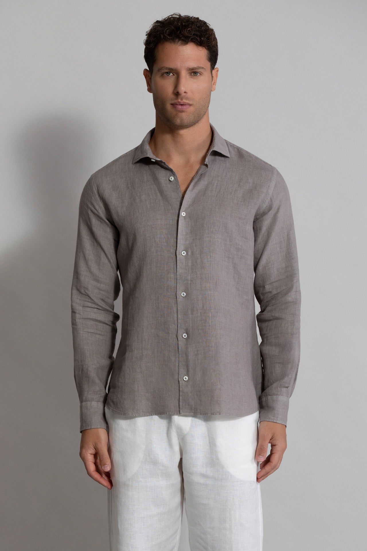 Men's Linen Shirts with Long Sleeve - Grey - Front view