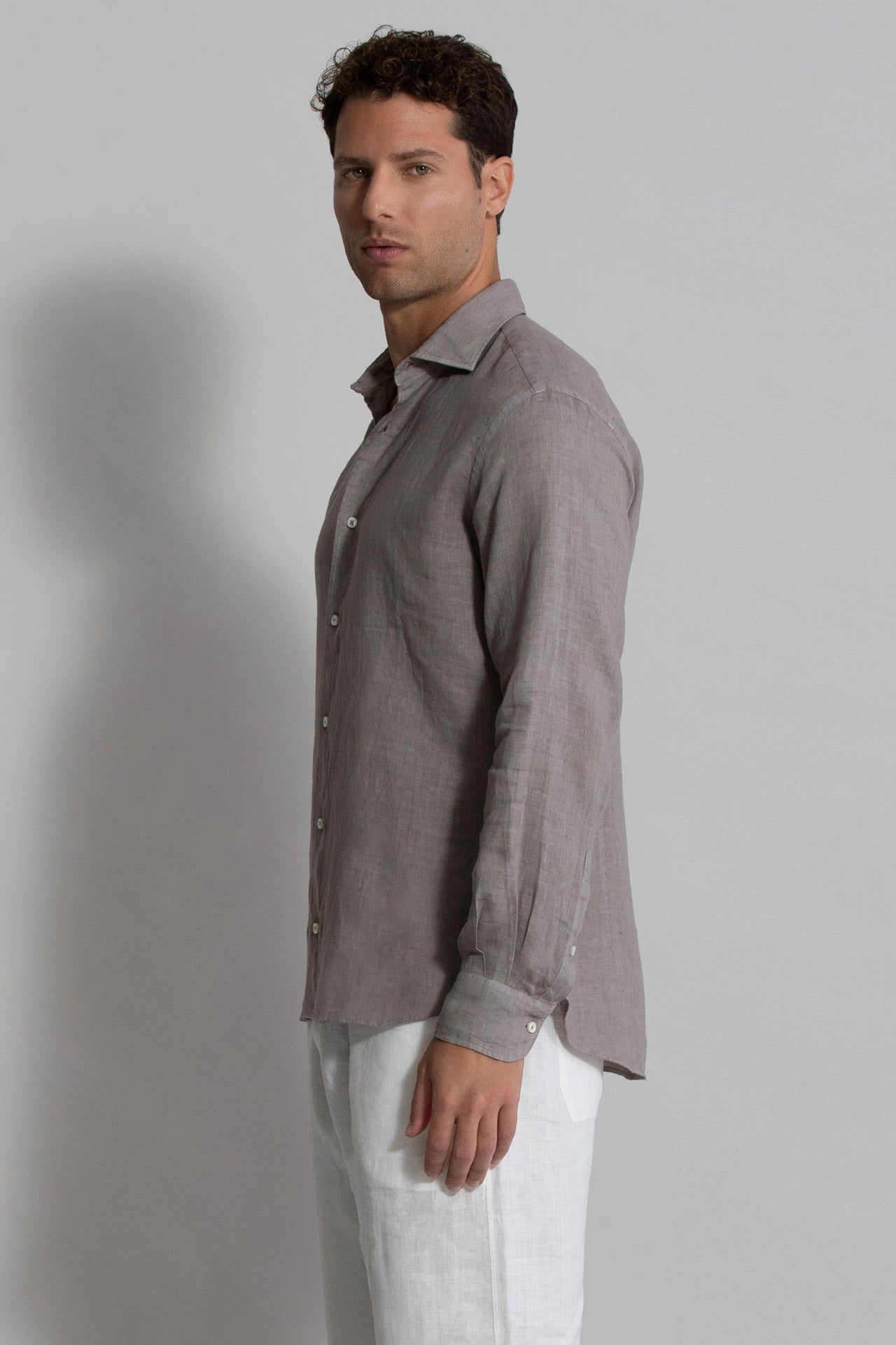 Men's Linen Shirts with Long Sleeve - Grey - Side view