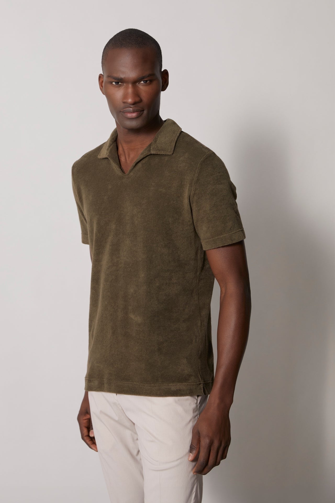 open collar polo with short sleeves in olive green