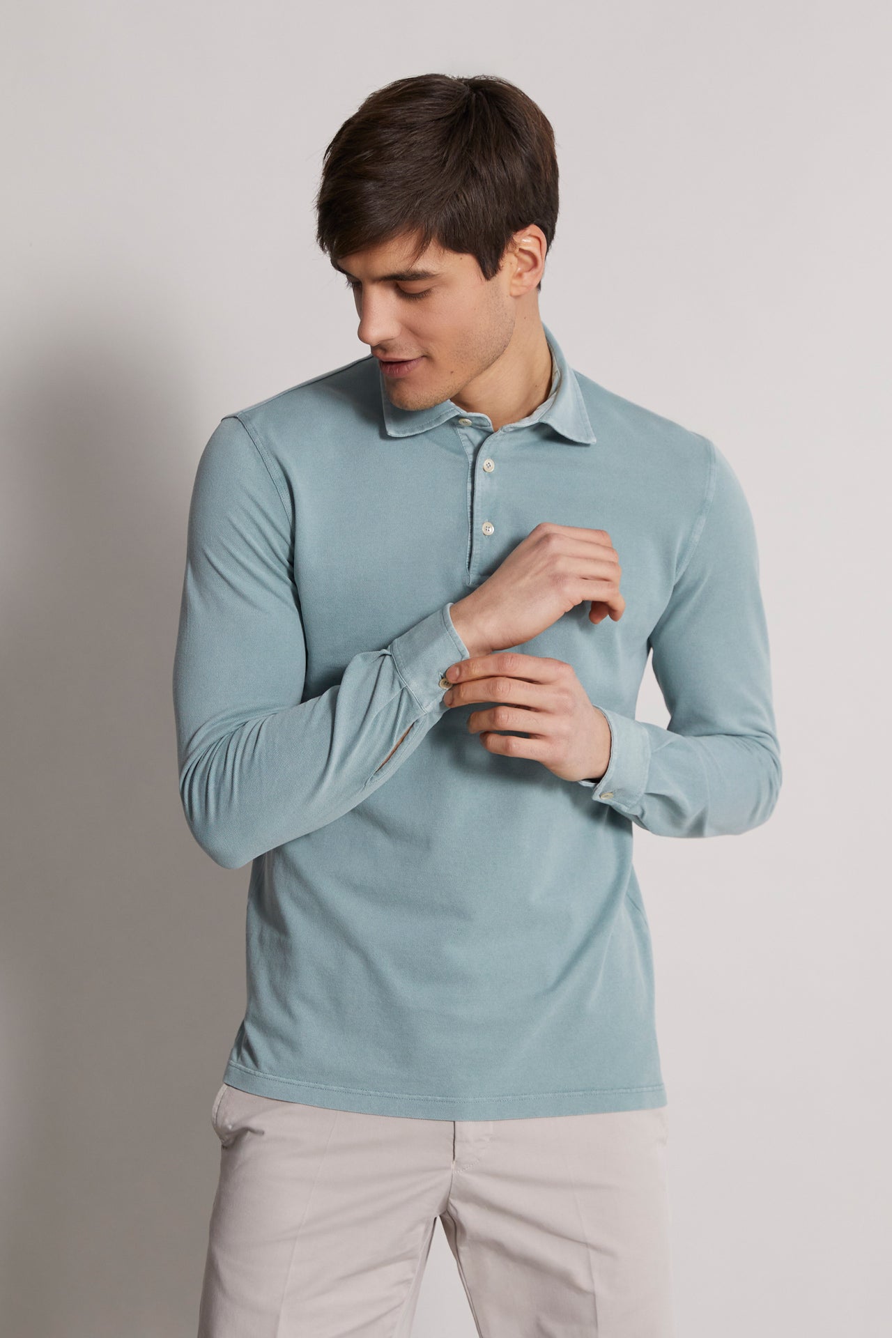 long sleeved cotton polo in mint green - sleeve detail