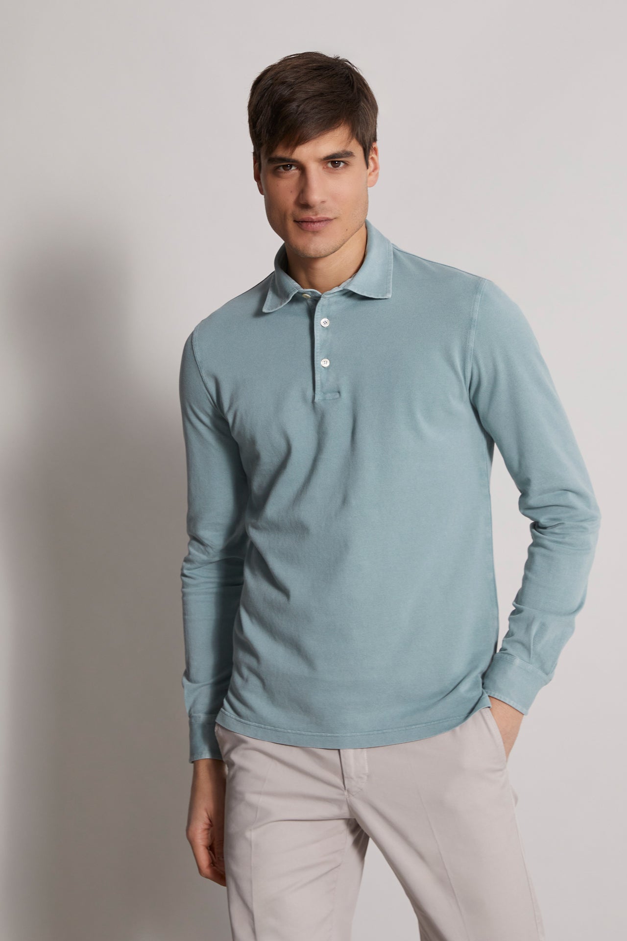 long sleeved cotton polo in mint green