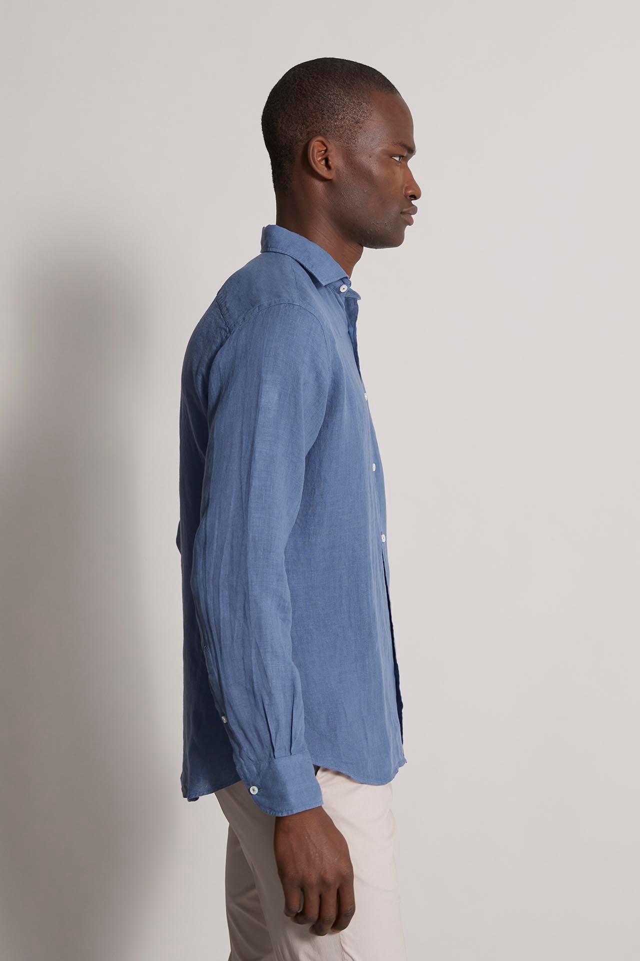 Men's Linen Shirts with Long Sleeve - Blue - Side view