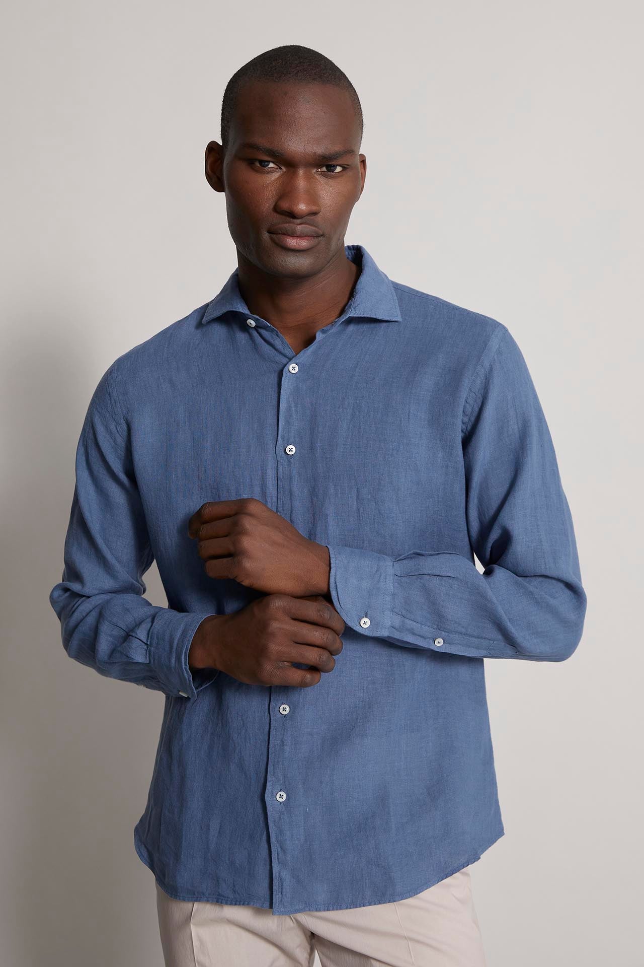Men's Linen Shirts with Long Sleeve - Blue - Front view