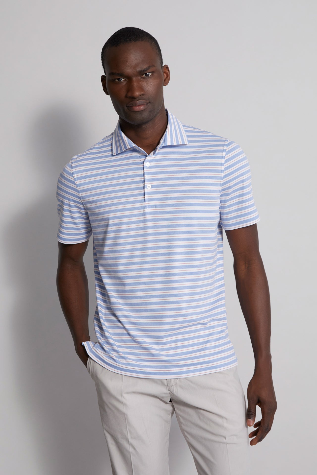 men's striped polo t-shirt grey and white - front view
