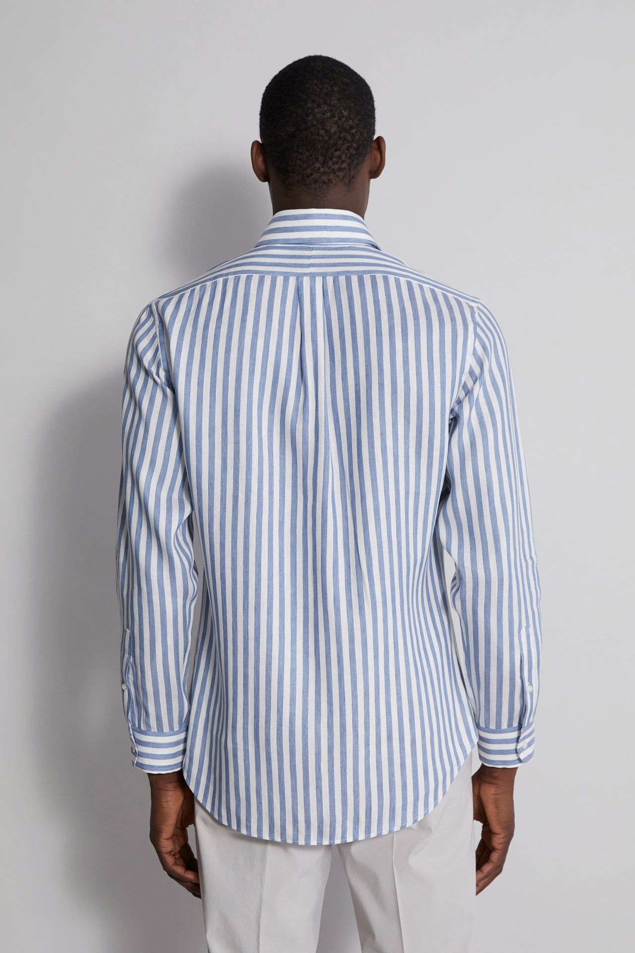 Designer Men's Striped Linen Shirt - White & Blue - Back View 