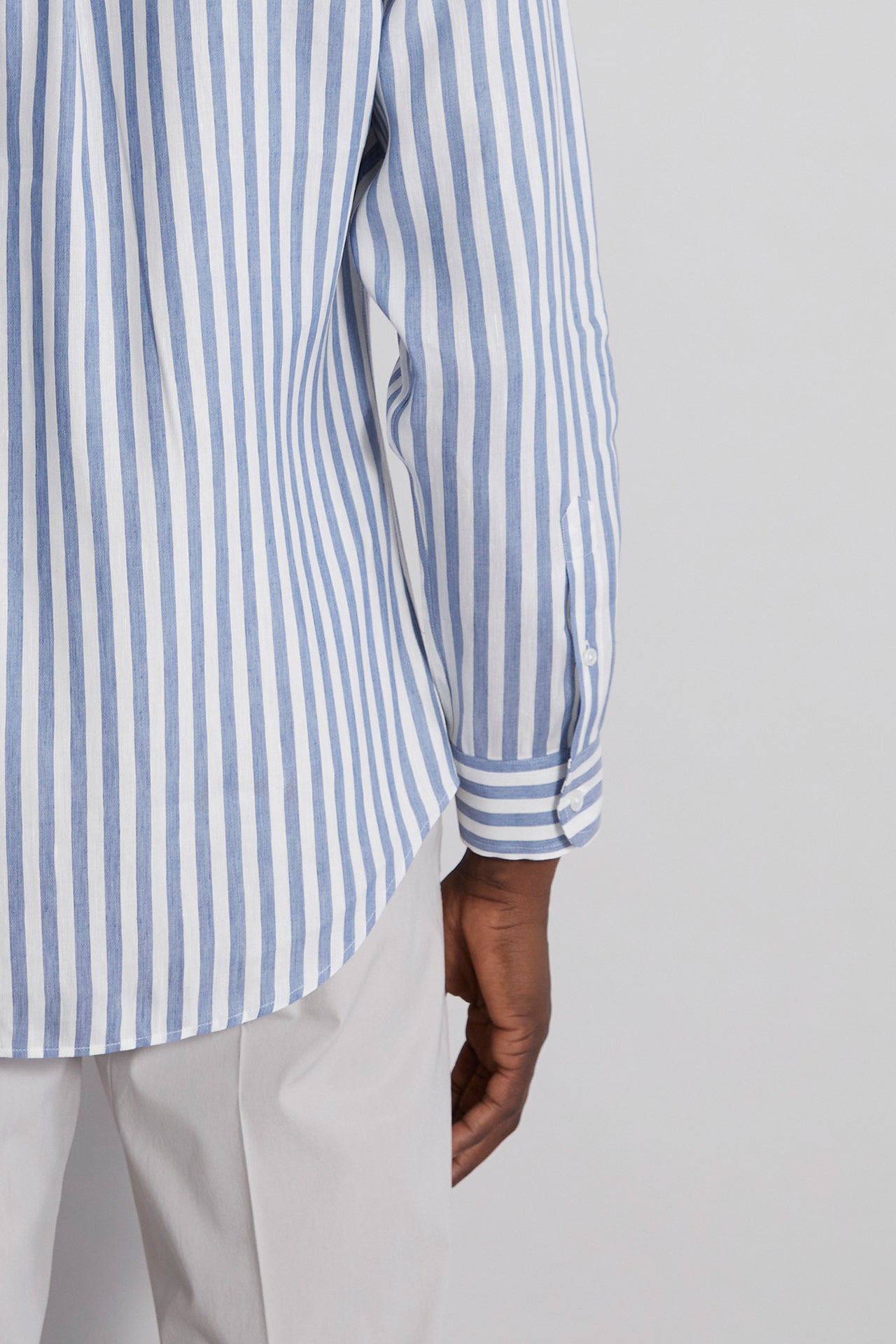 Designer Men's Striped Linen Shirt - White & Blue - Detail